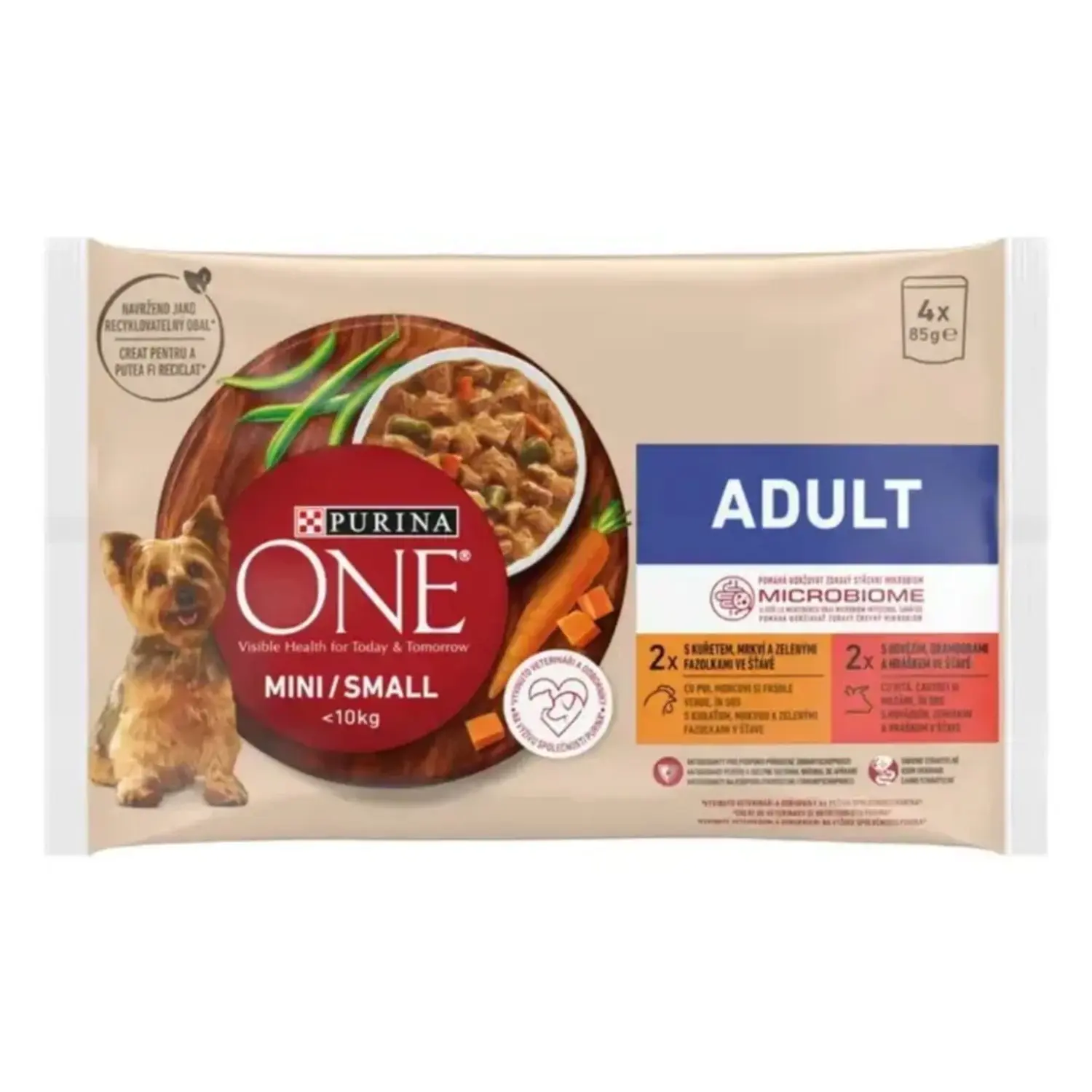 PURINA ONE Kapsičky pro psy MINI Adult kuře a hovězí ve šťávě, 4x 85 g