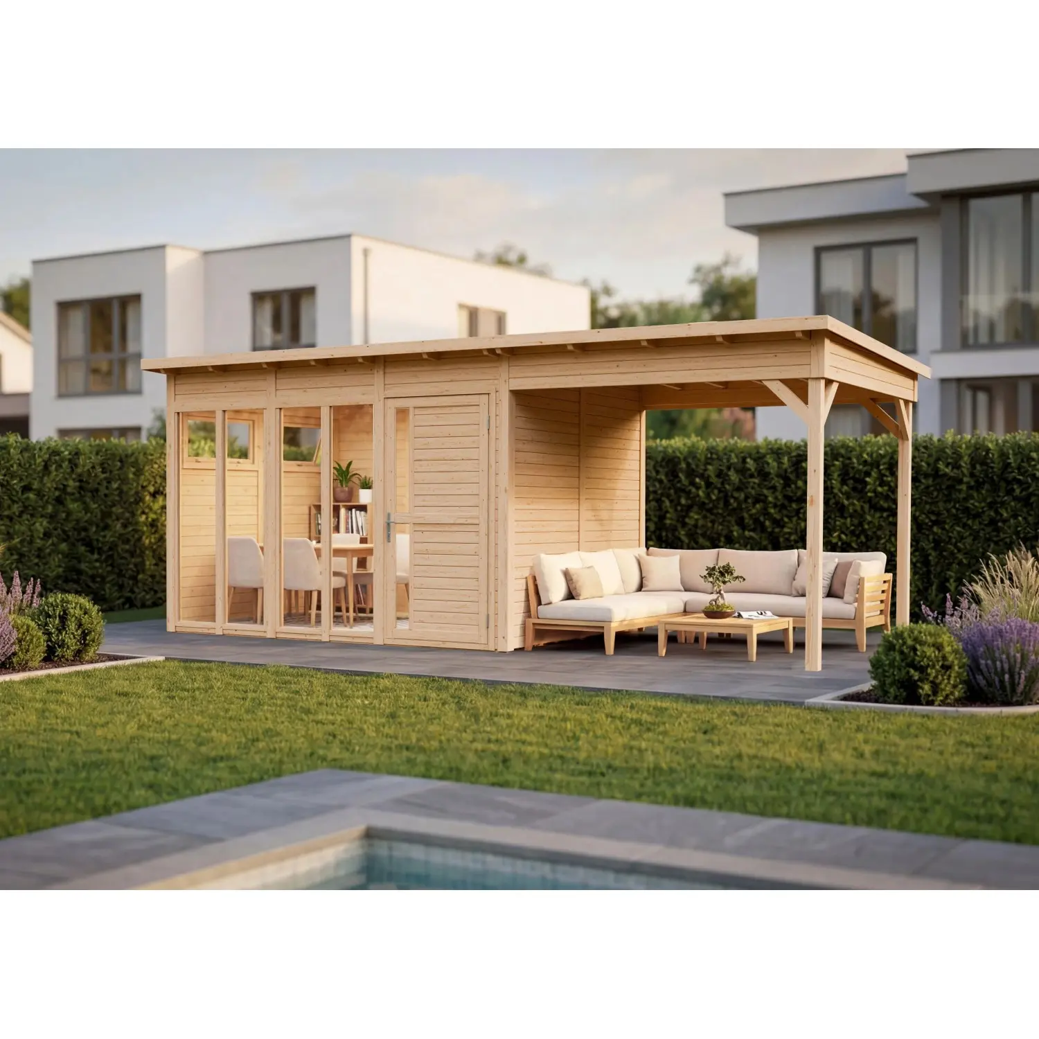 Bertilo Designový dřevěný domek Pentus 3 Poolhouse, přírodní, 559 x 234 cm