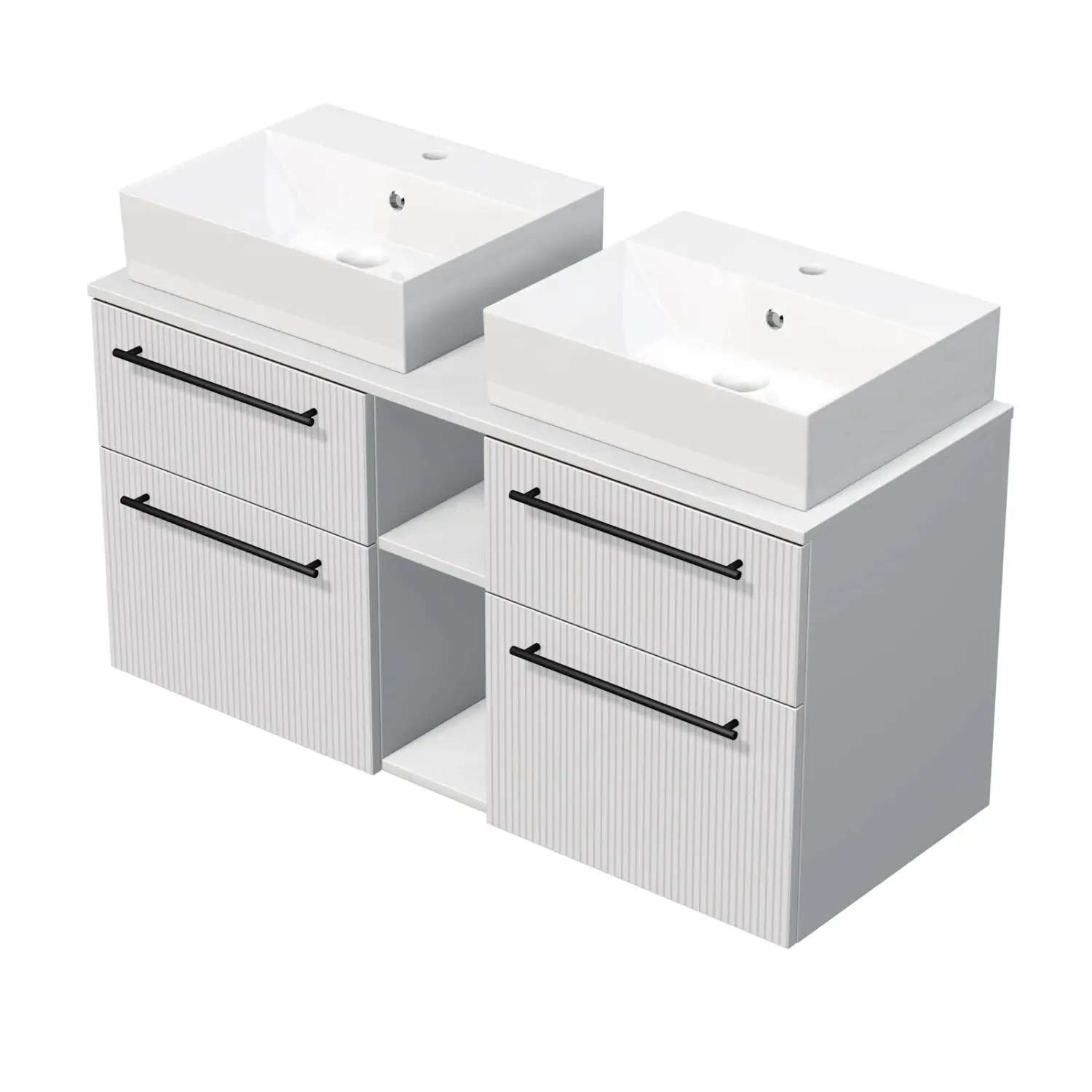INTEDOOR Skříň+2umyvadla BEE, úchyt černý, š. 120cm, regál střed, bílá 3Dpruhy