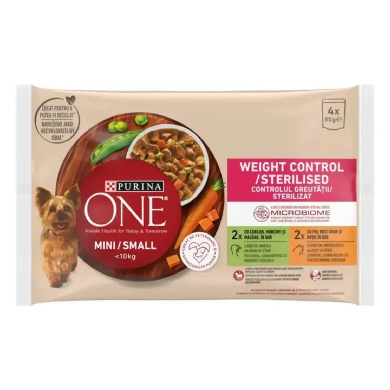 PURINA ONE Kapsičky pro psy MINI Weight Control krůta a kuře ve šťávě, 4x 85 g