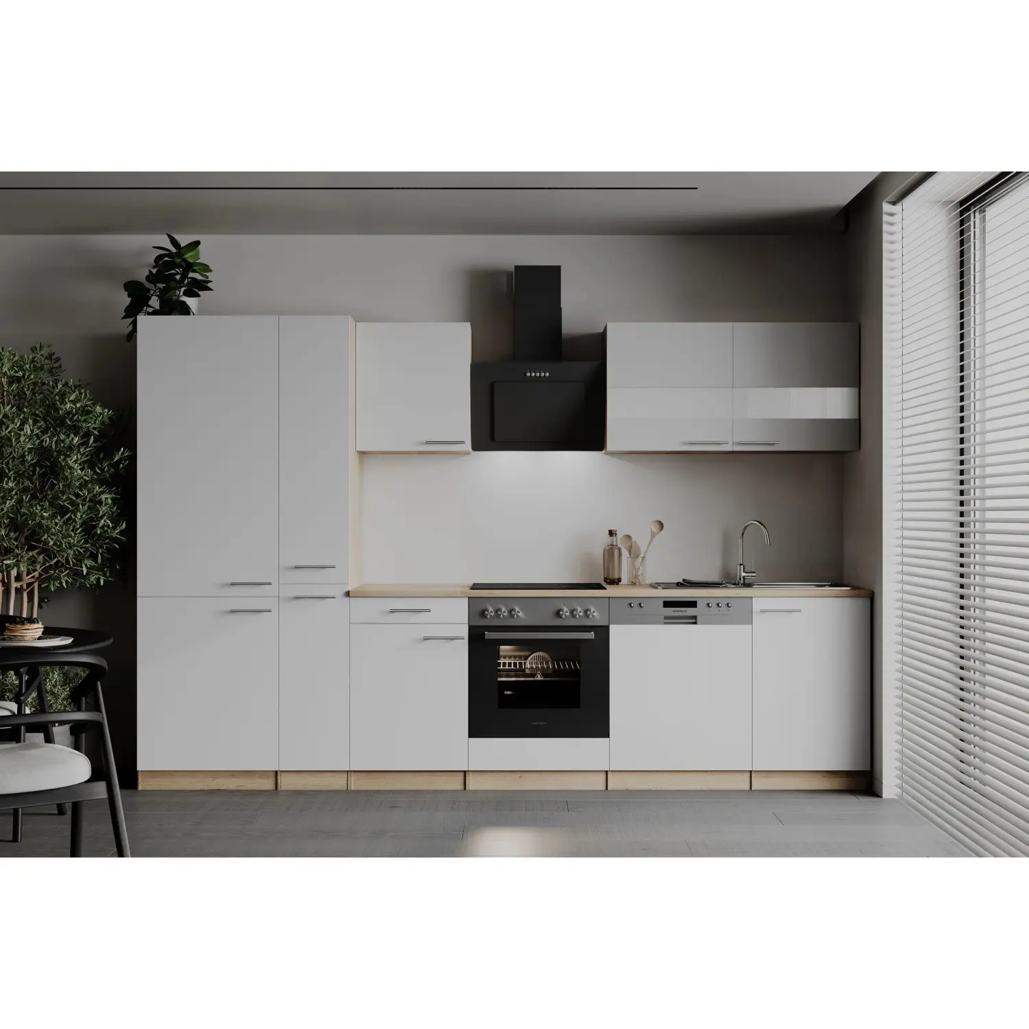 Respekta Kuchyně Merle bílá/dub 310 cm-trouba+skl.deska/šikmá dig./myčka/lednice