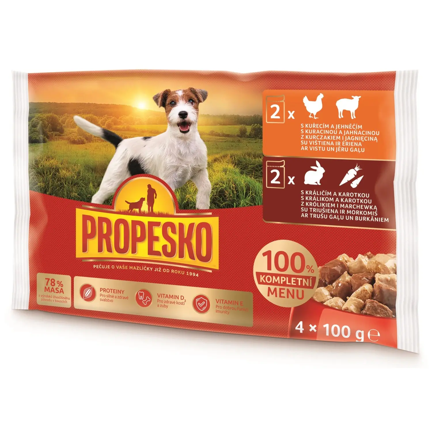 Propesko Kapsička pro psy králičí a karotka/kuřecí a jehněčí, 4x 100 g