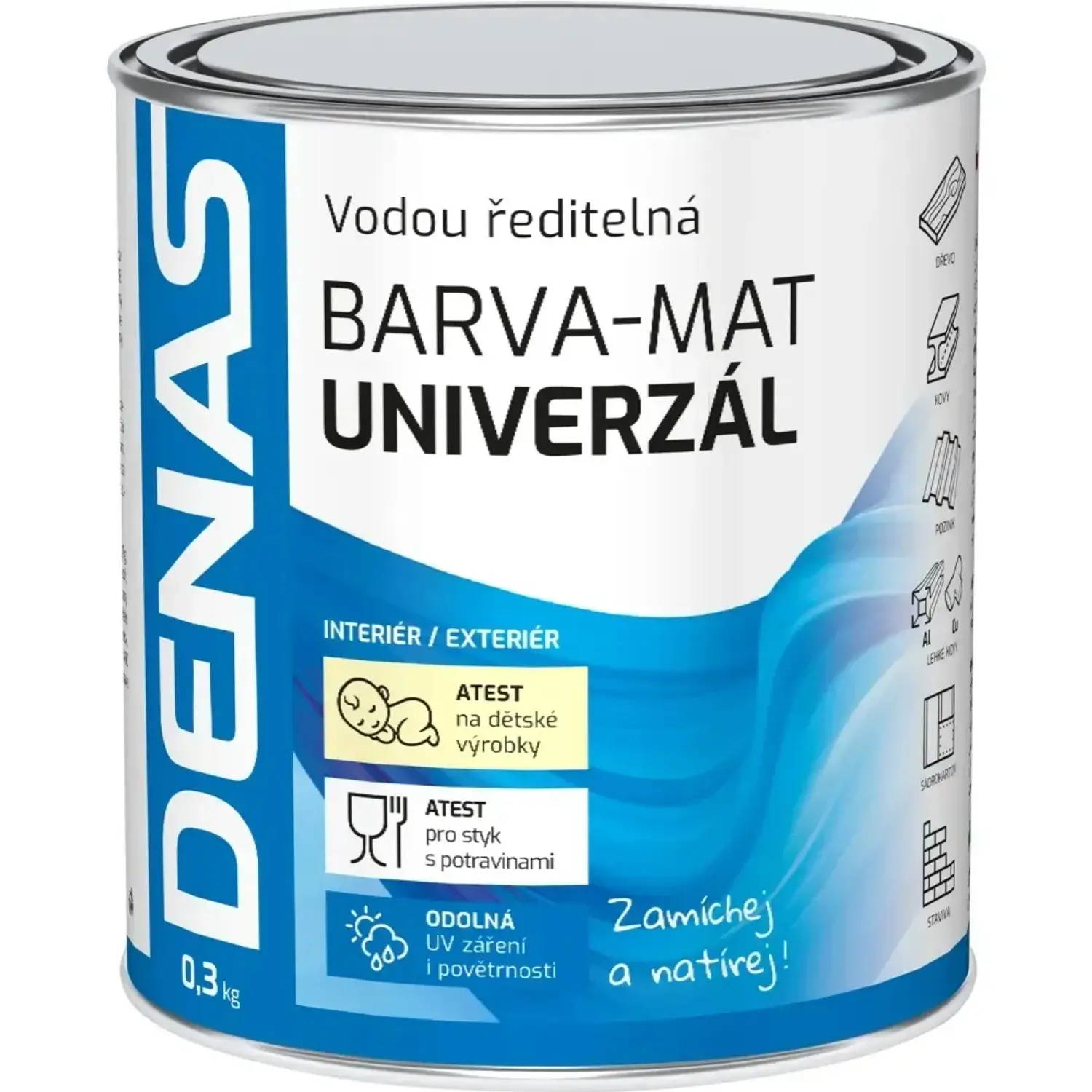 Denas Vrchní barva na dřevo, kov a beton Univerzál-mat, 0100 bílá, 300 g
