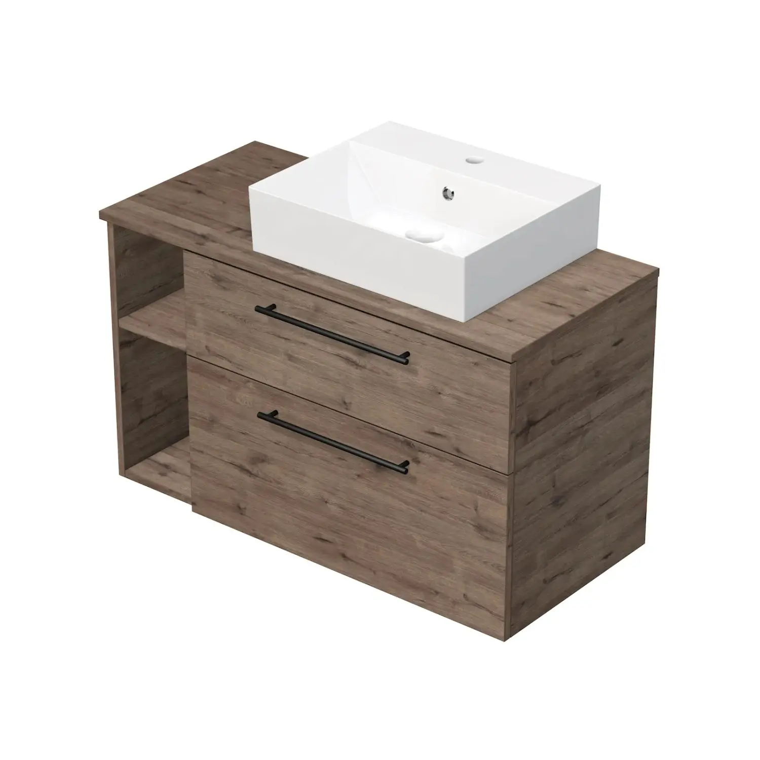 INTEDOOR Skříň+umyvadlo BEE, úchyt černý, š. 100 cm, regál vlevo, dub Wellington