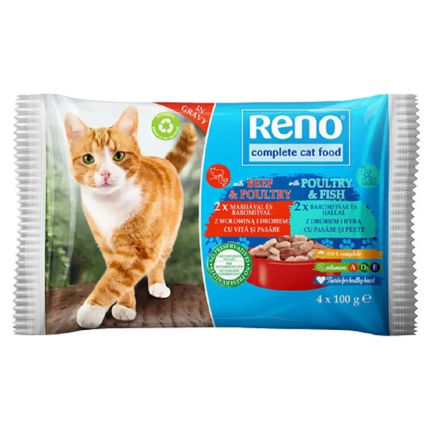 Reno Kapsičky pro kočky Complete Menu hovězí+kuře/kuře+ryba, 4x 100 g