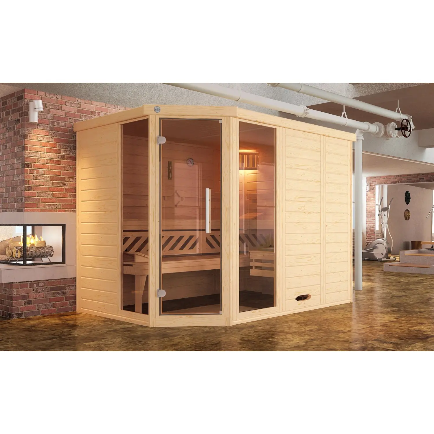 Weka Rohová sauna Kemi 2 skl.dv.+okna, přírodní, 245x195x200 cm + Klassik 9 kW
