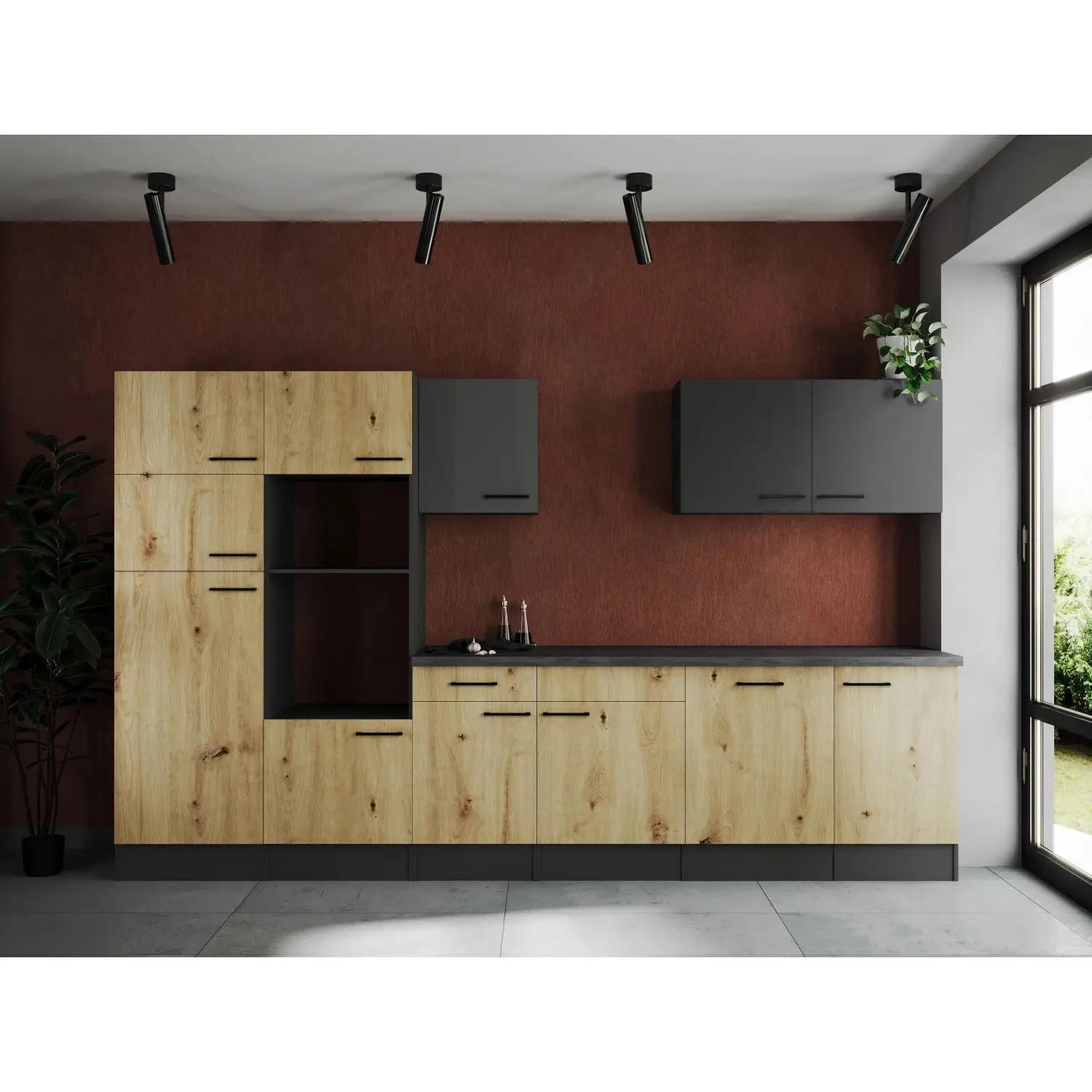 Respekta Kuchyně Oliver dub Artisan+šedá matná/žula 340 cm - bez el. přístrojů