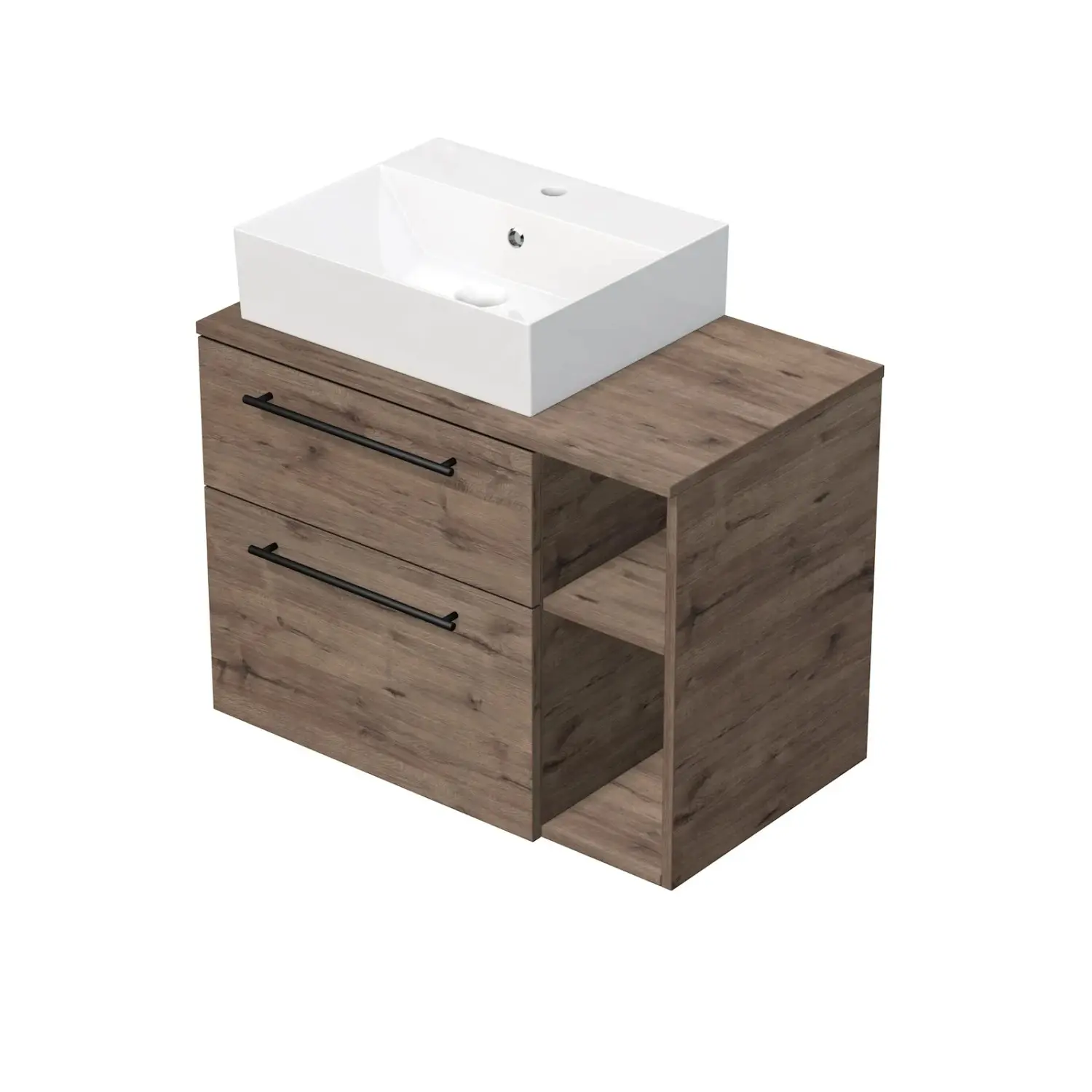 INTEDOOR Skříň+umyvadlo BEE, úchyt černý, š. 80 cm, regál vpravo, dub Wellington