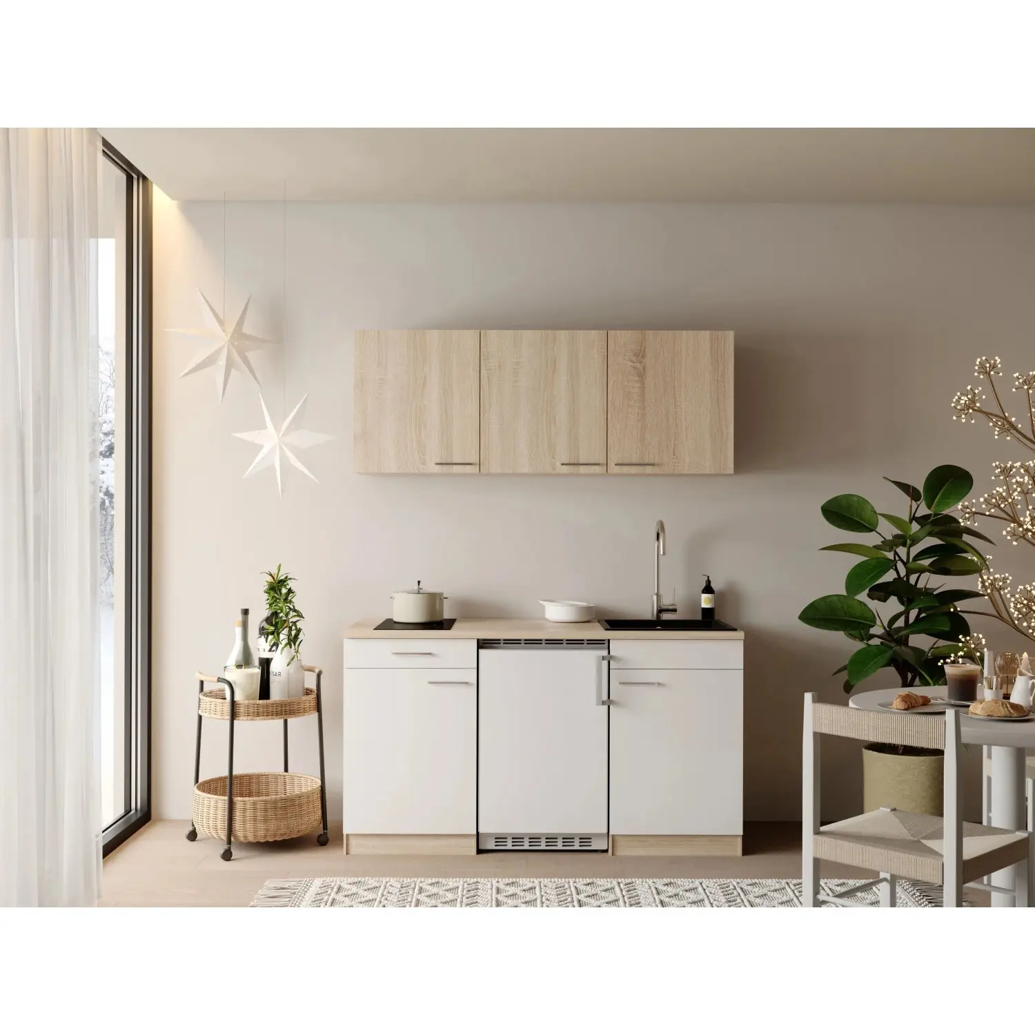 Respekta Kuchyně Ingrid bílá/dub Nordic 150 cm-skloker.deska/lednice