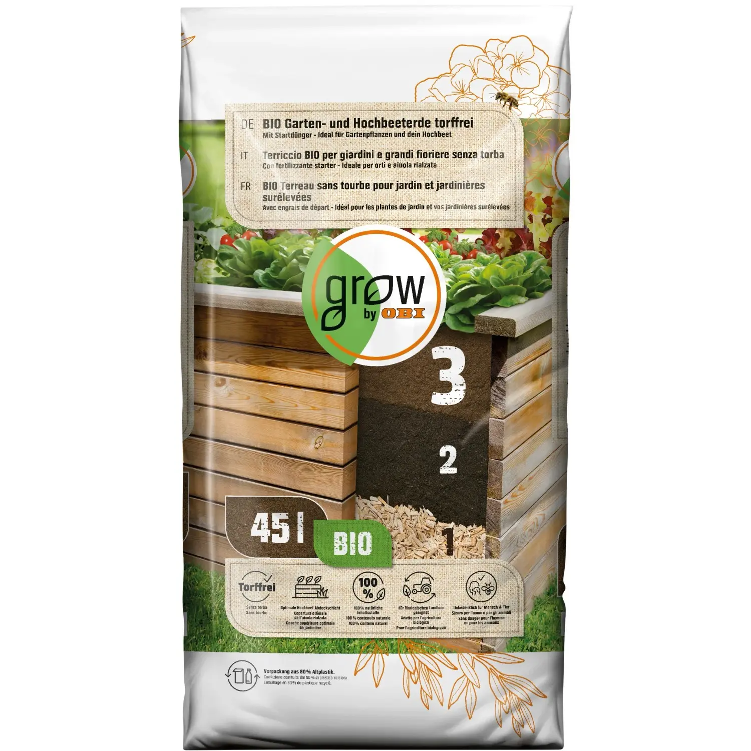 GROW by OBI BIO substrát pro zahrady a vyvýšené záhony 45 l