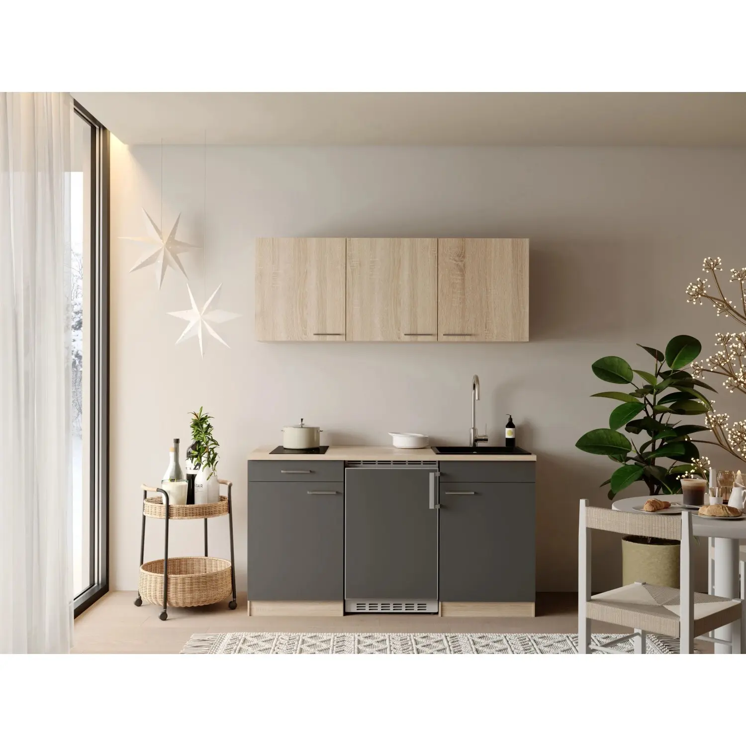 Respekta Kuchyně Ingrid šedá/dub Nordic 150 cm-skloker.deska/lednice