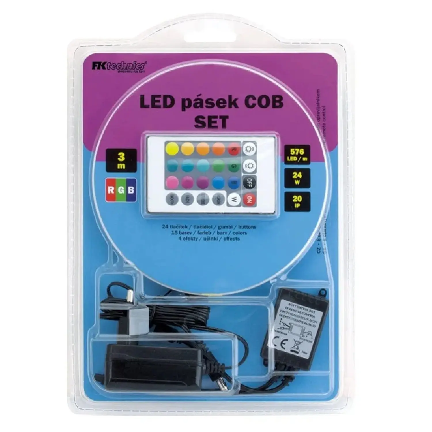 FK Technics SET LED pásek COB RGB s IR ovladačem, vč. zdroje, 24W, 4000K, 3 m