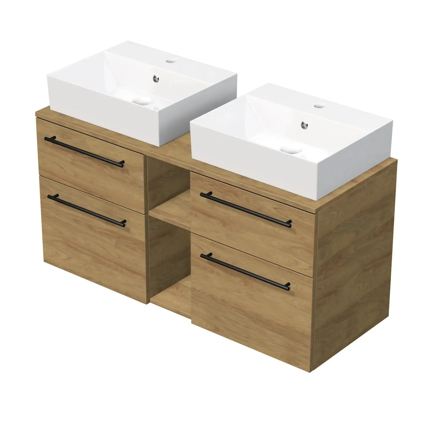 INTEDOOR Koupel.skříň+2umyvadl BEE, úchyt černý, 120cm, regál střed, dub Hickory