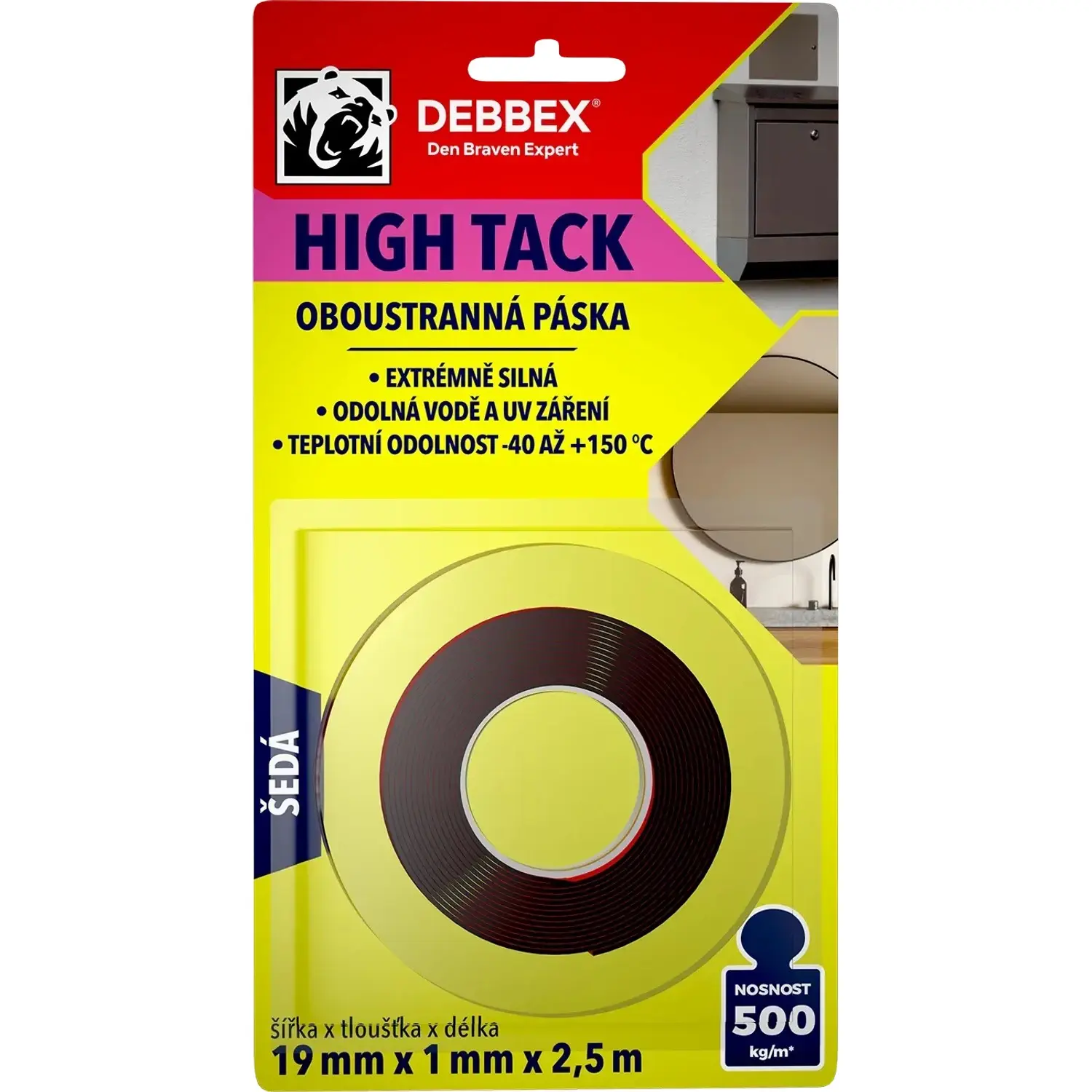 Den Braven Oboustranná páska HIGH TACK šedá 19 mm x 2,5 m