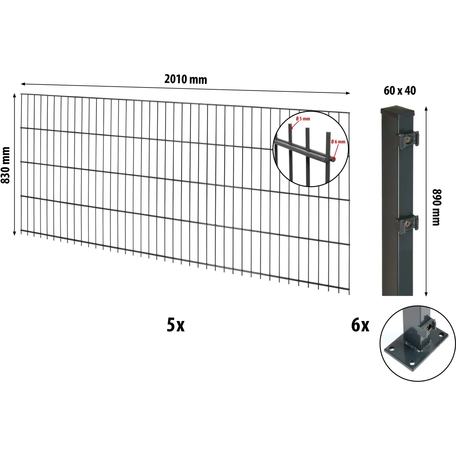 Floraworld Kompletní plotový set 2prut. sl.6x4 patka, antracit, 83 cm, 10 m