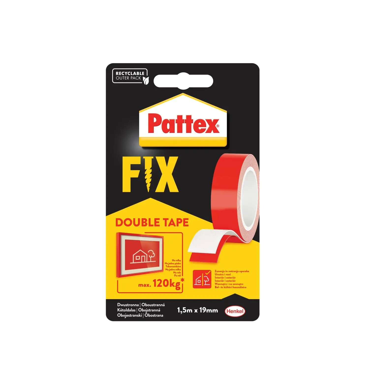 Pattex Oboustranná montážní lepicí páska FIX 120 KG, 19 mm x 1,5 m