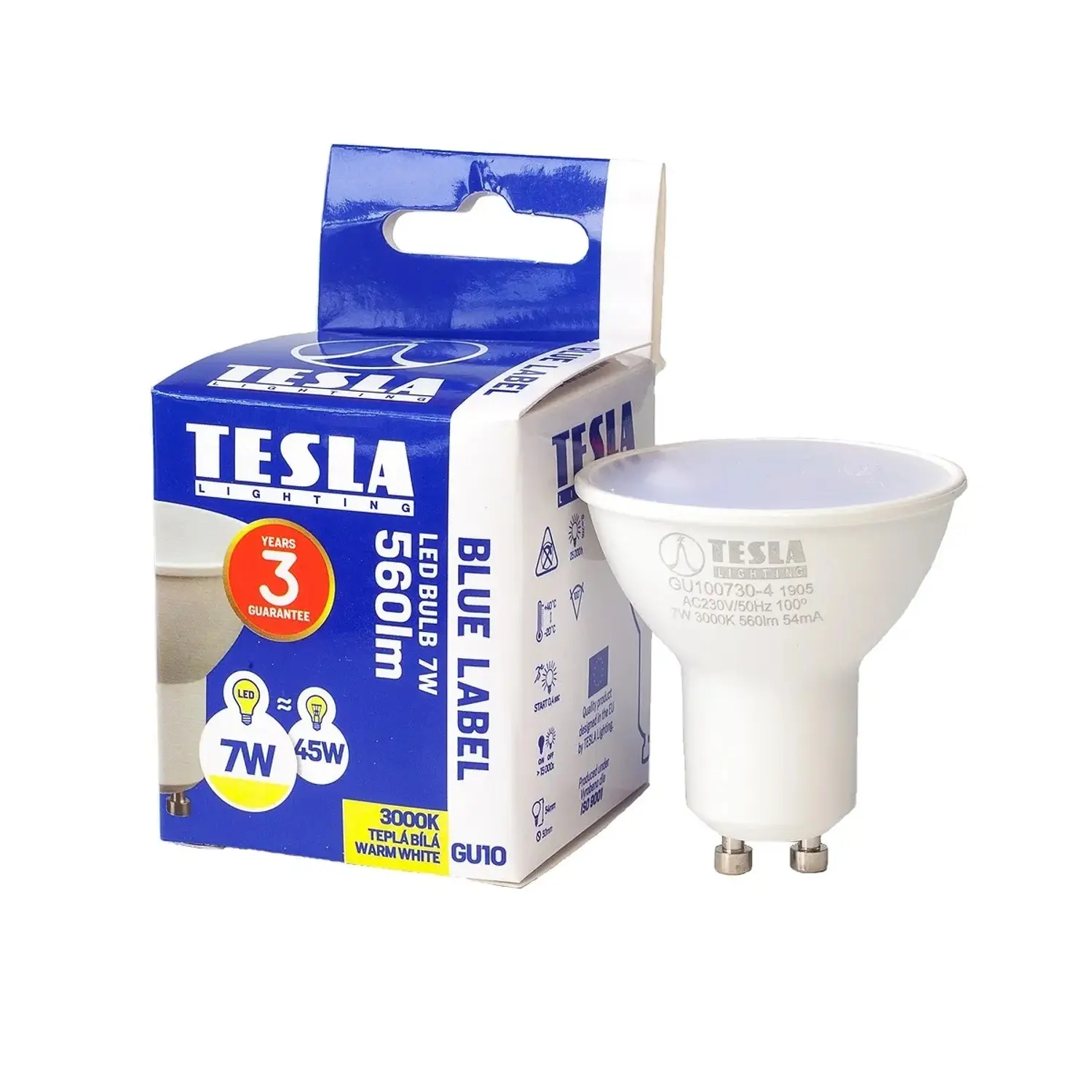 TESLA LED žárovka, GU10, 7 W, 560 lm, 3 000 K