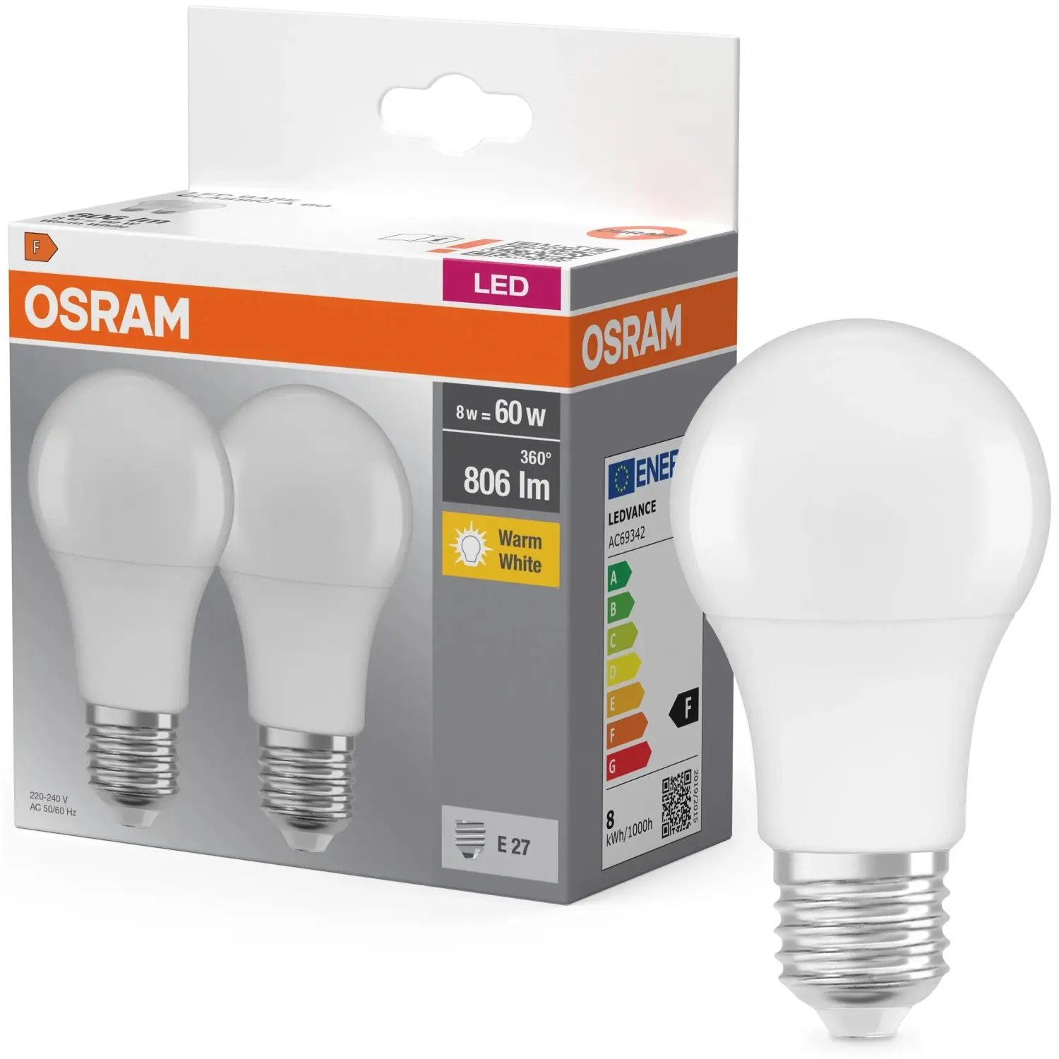 OSRAM LED žárovka BASE CLASSIC A Frosted E27 A60 8W 806lm 2700K, 2 ks