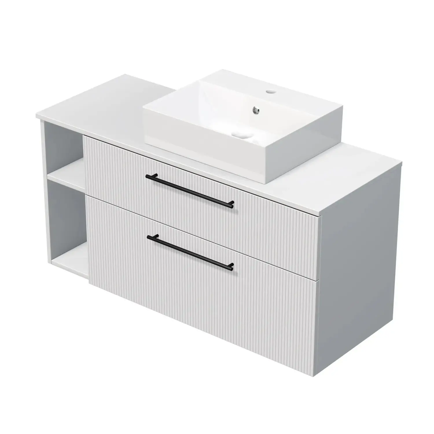 INTEDOOR Skříň+umyvadlo BEE, úchyt černý, š.120 cm, regál vlevo, bílá 3D pruhy