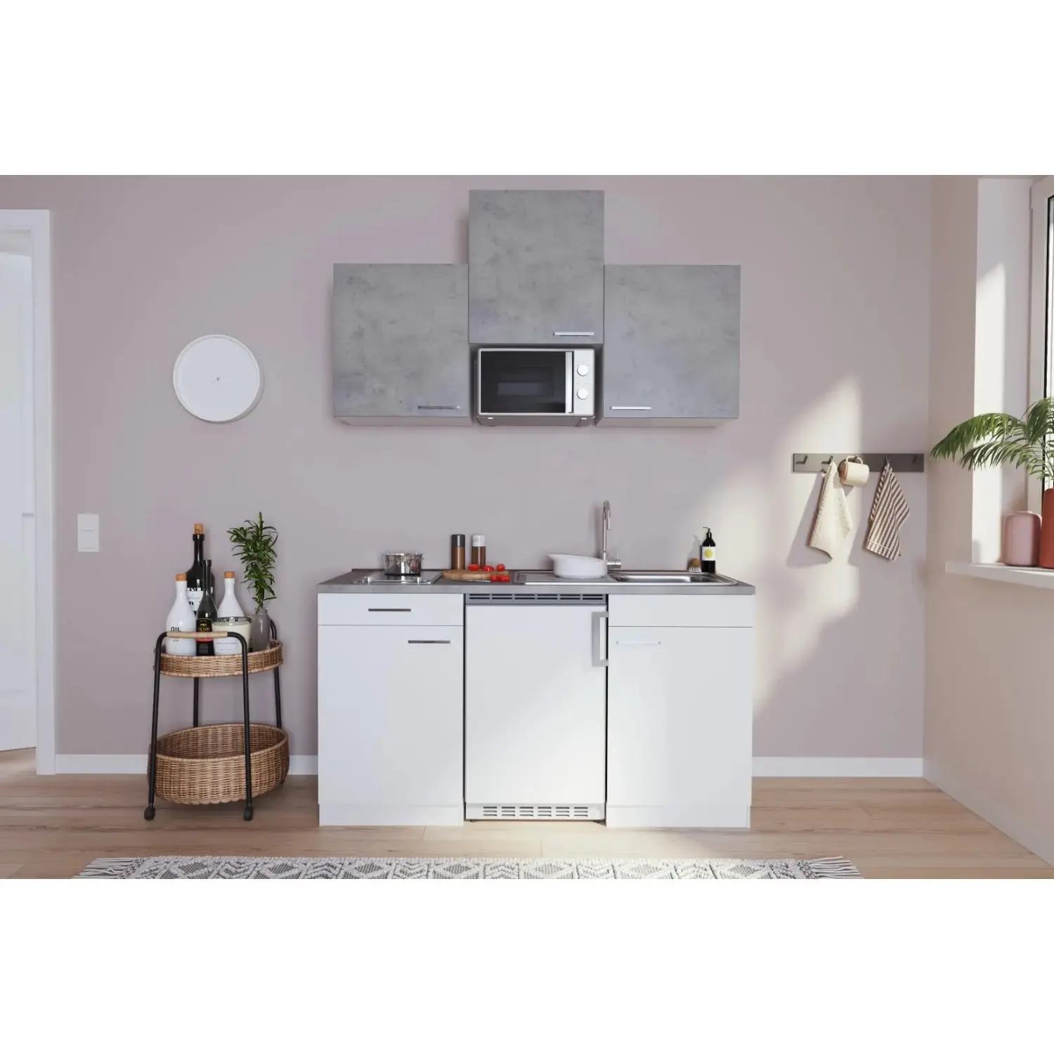 Respekta Kuchyně Malia beton/bílá 150 cm - skloker.deska/lednice/mikrovlnka