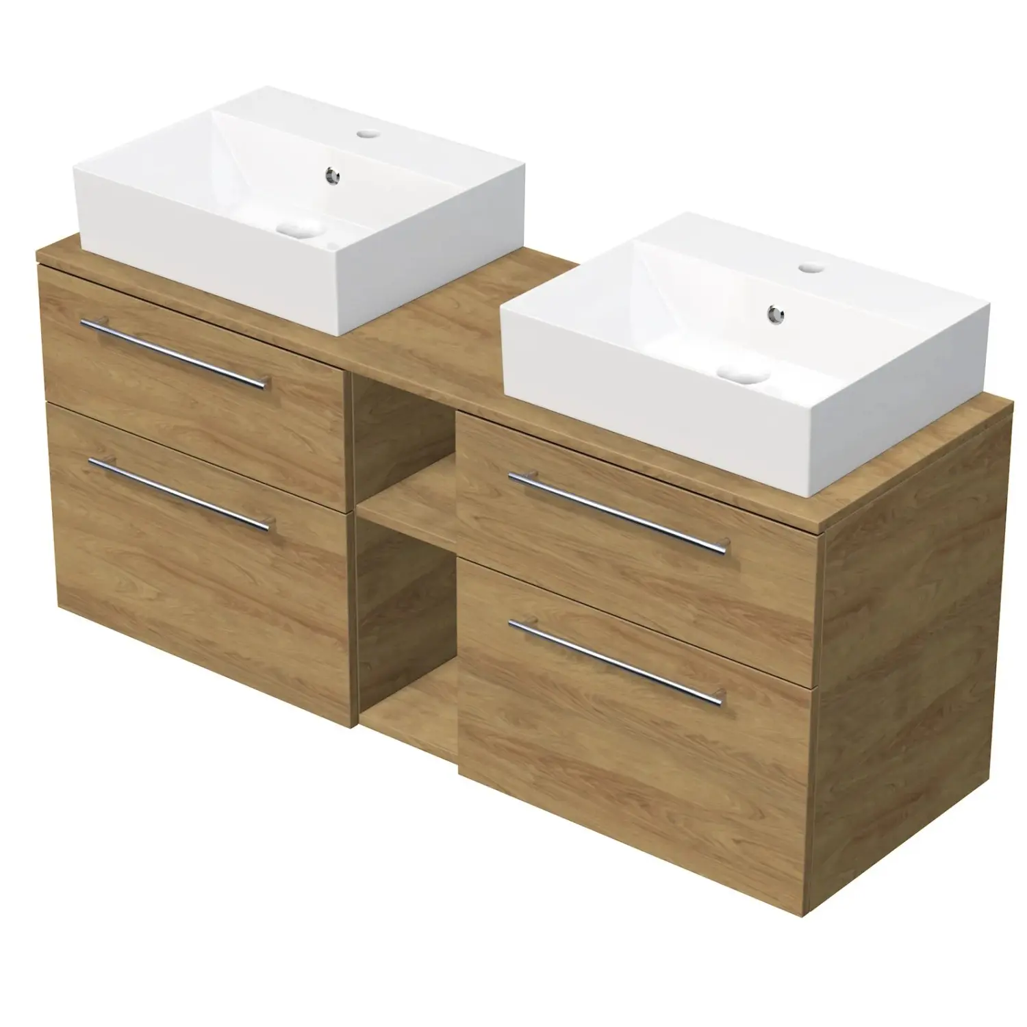 INTEDOOR Koupel.skříň+2umyvadl BEE, úchyt chrom, 140cm, regál střed, dub Hickory