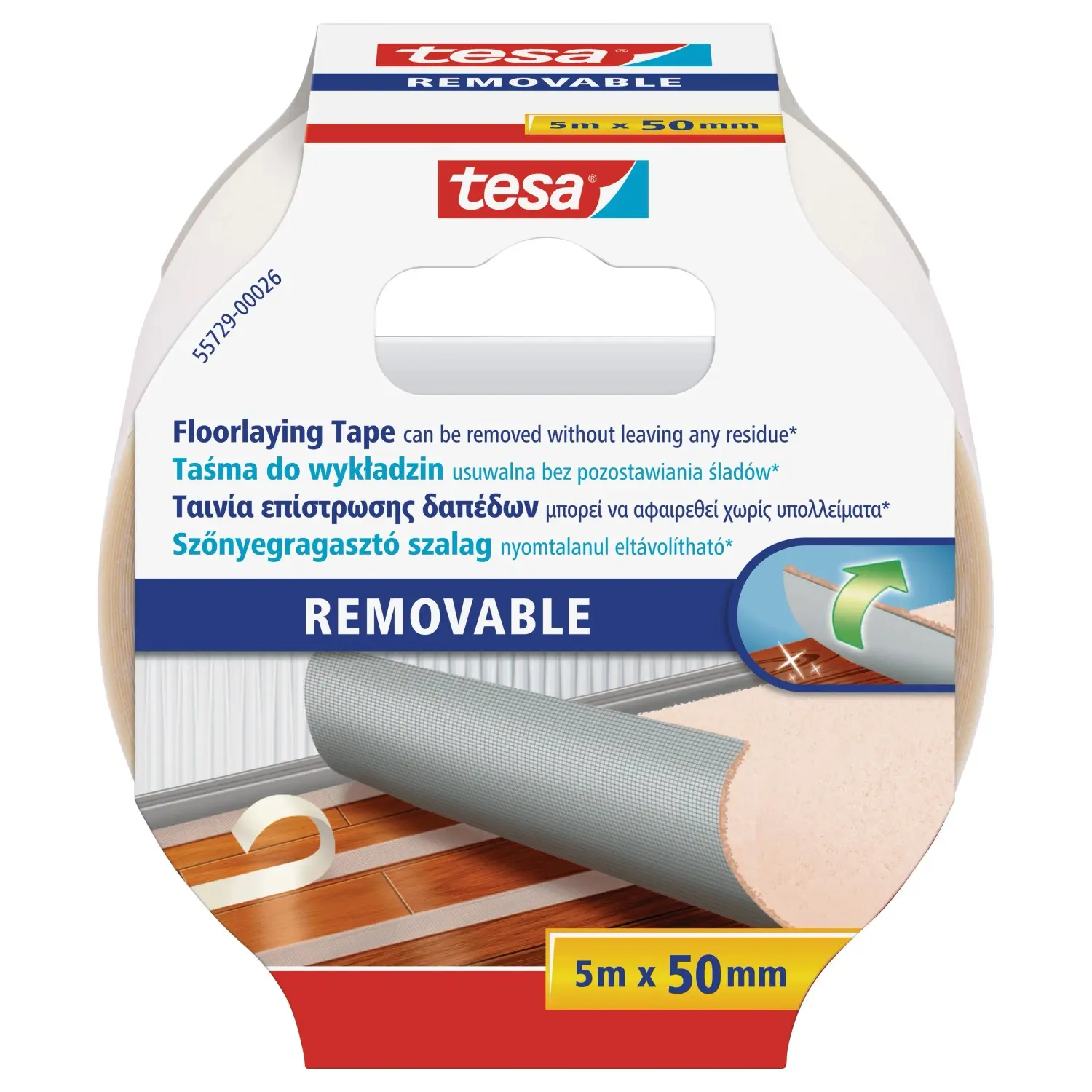 tesa Podlahová lepicí páska s výztuhou odstranitelná beze stop, 5 m x 50 mm