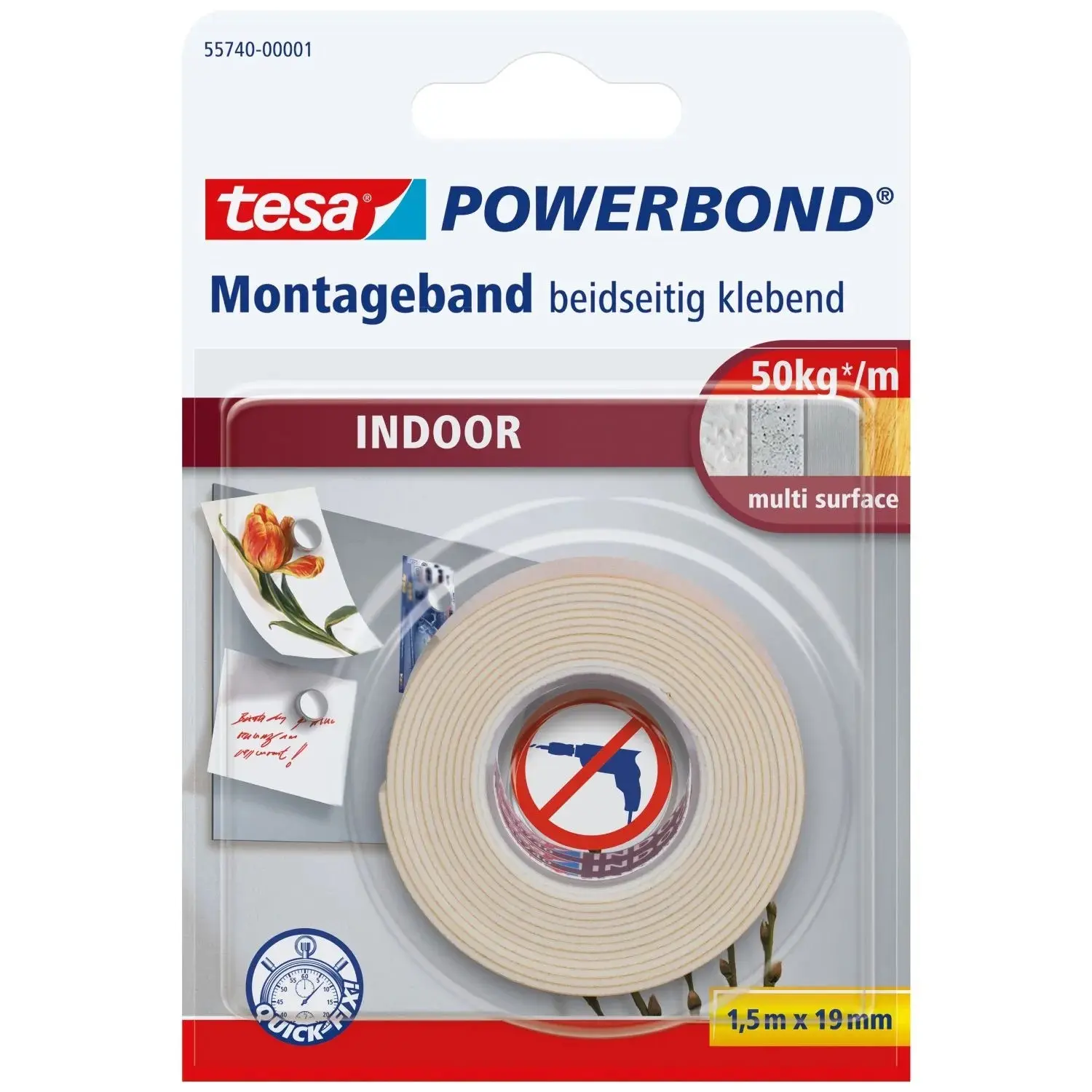 tesa Oboustranná montážní páska Powerbond INDOOR, bílá, 1,5 m x 19 mm