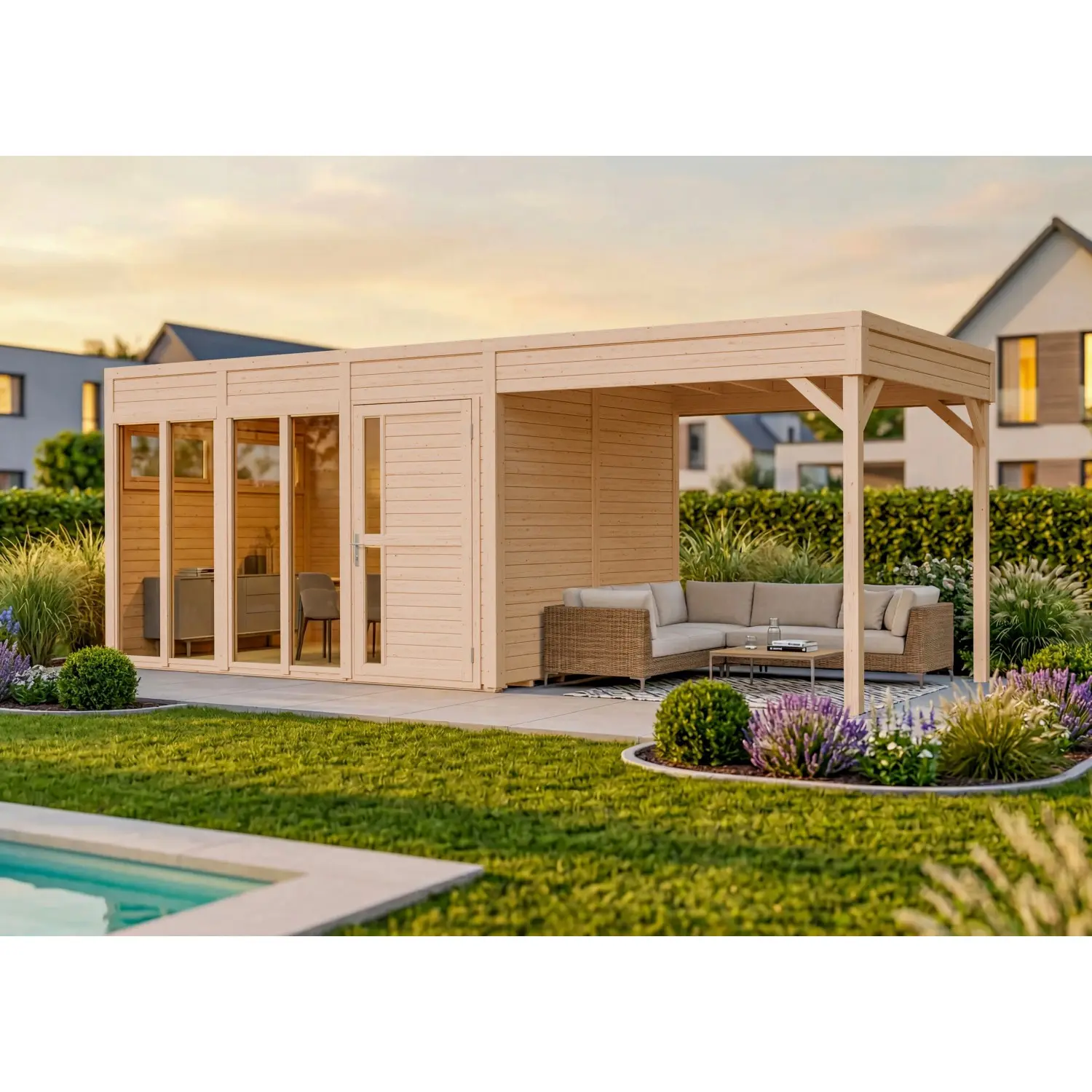 Bertilo Designový dřevěný domek Cubus 3 Poolhouse, přírodní, 559 x 234 cm