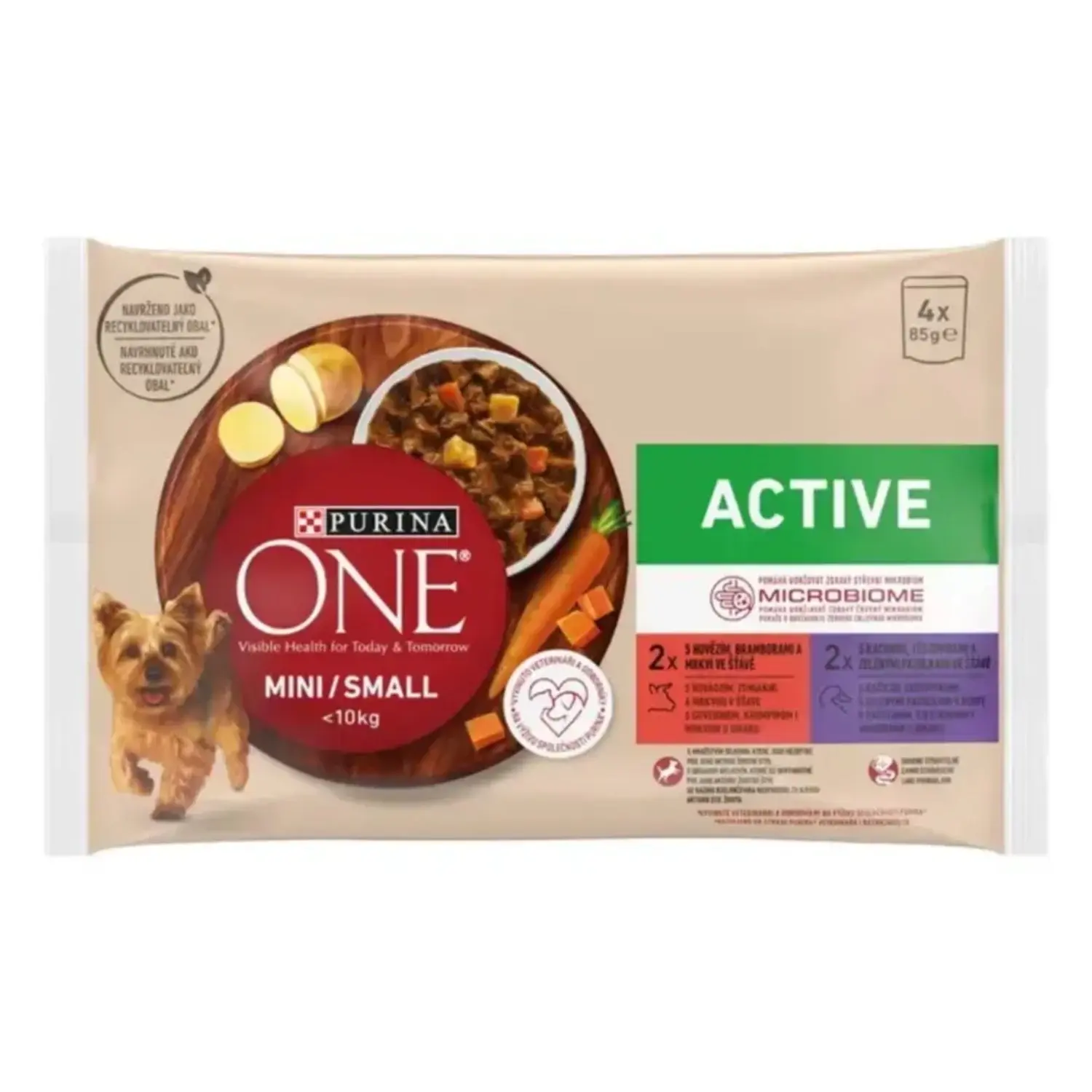 PURINA ONE Kapsičky pro psy MINI Active hovězí a kachna ve šťávě, 4x 85 g