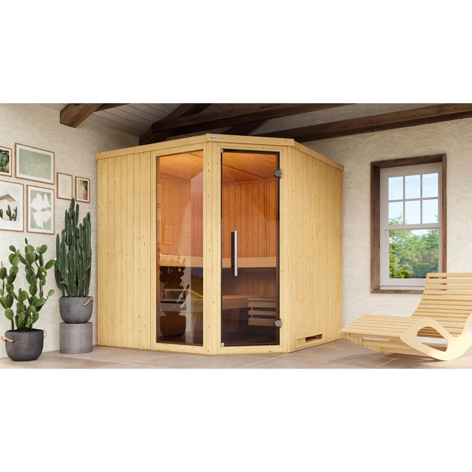 Weka Dřevěná sauna Varberg 3 sk.dv.+okno, přírodní, 194x194x199 cm + Kompakt 9kW