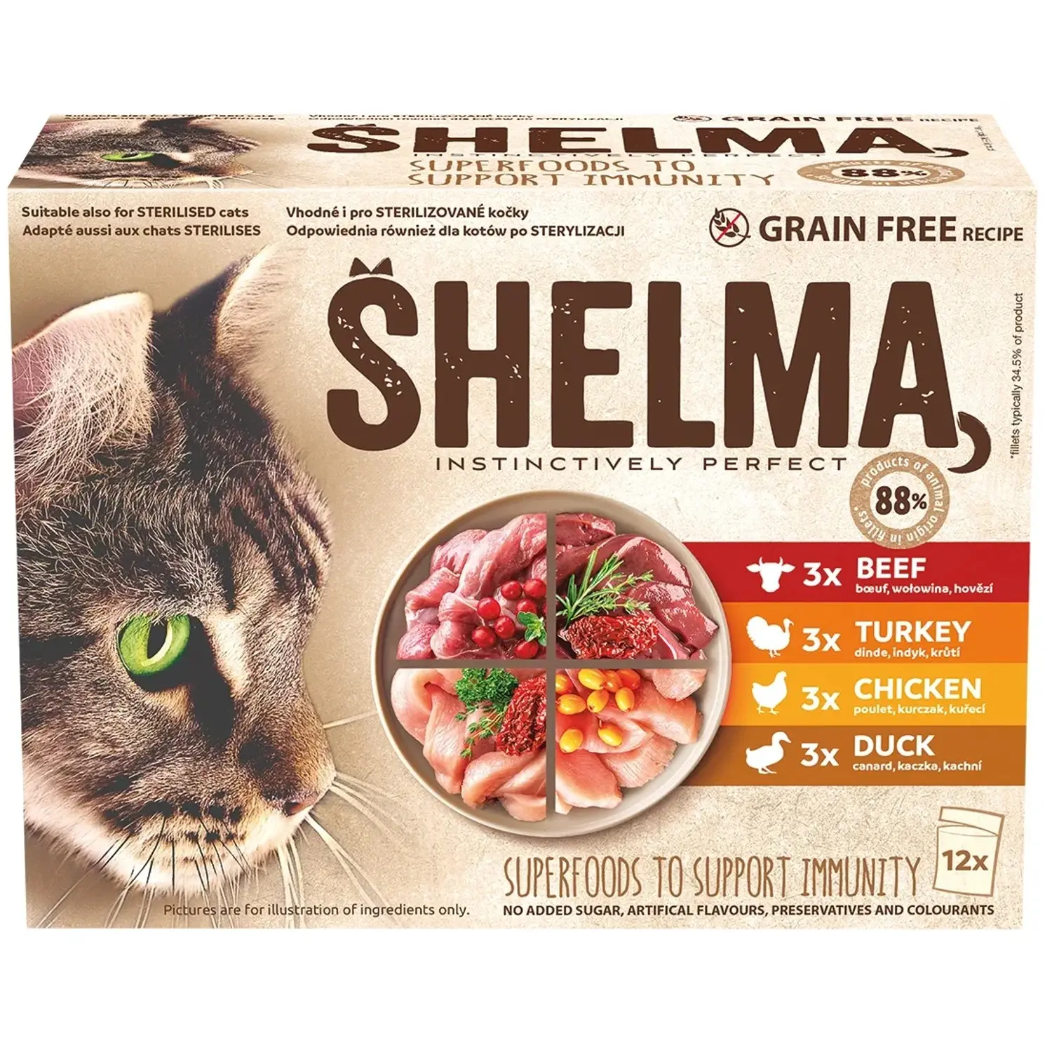 Shelma kočka kuřecí hovězí kachní a krůtí 12 ks 85 g