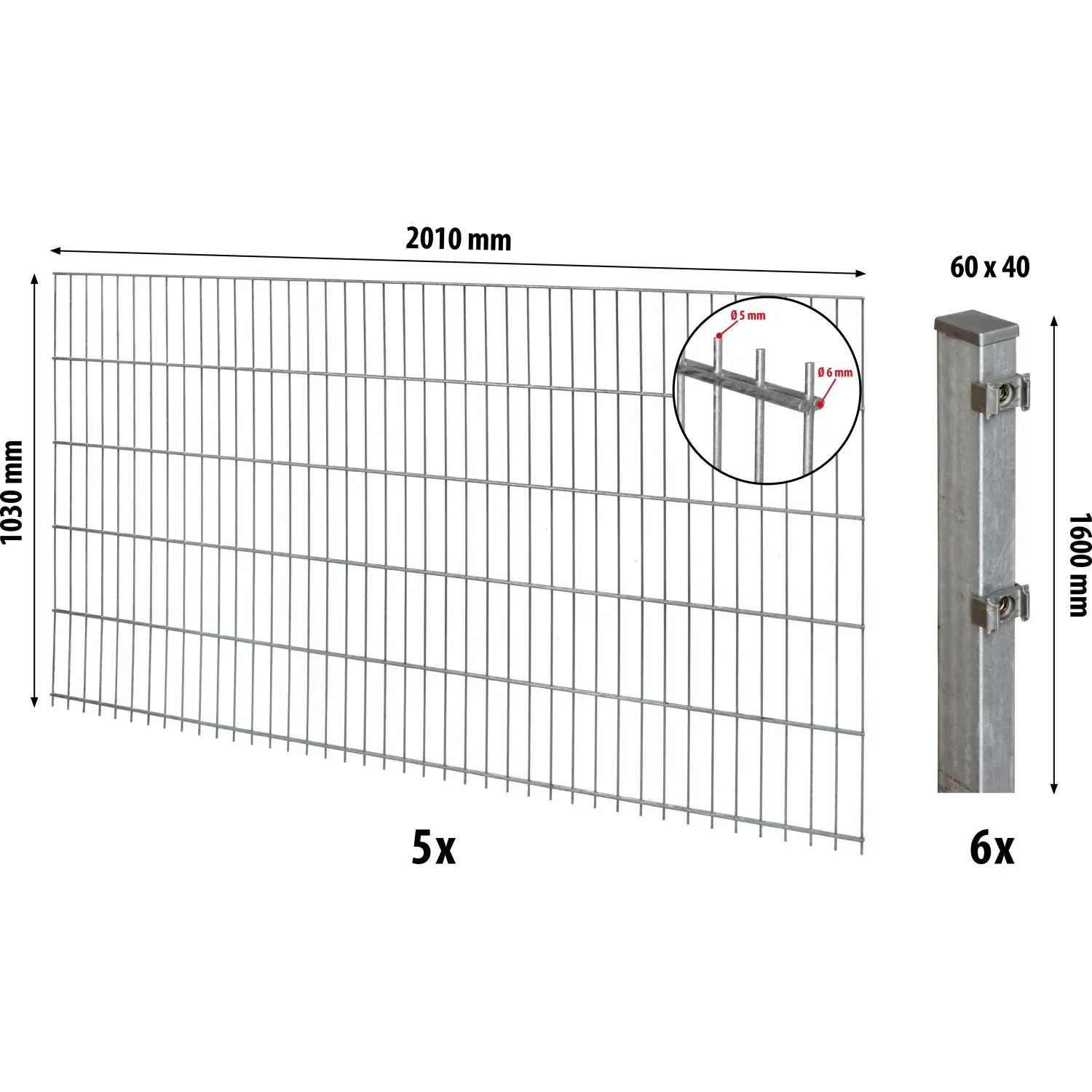 Floraworld Kompletní plotový set 2prut. sl.6x4 zabet., pozink, 103 cm, 10 m