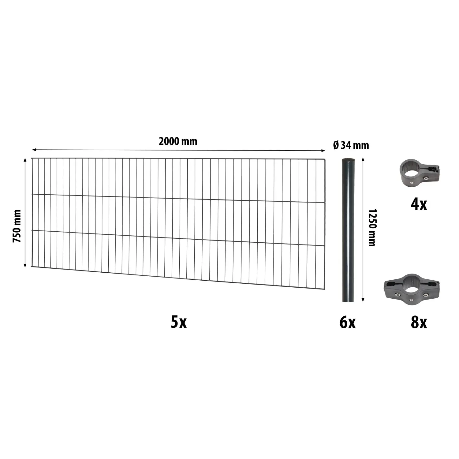 Floraworld Kompletní plotový set 1prut. kul.sl. zabet., antracit, 75 cm, 10 m