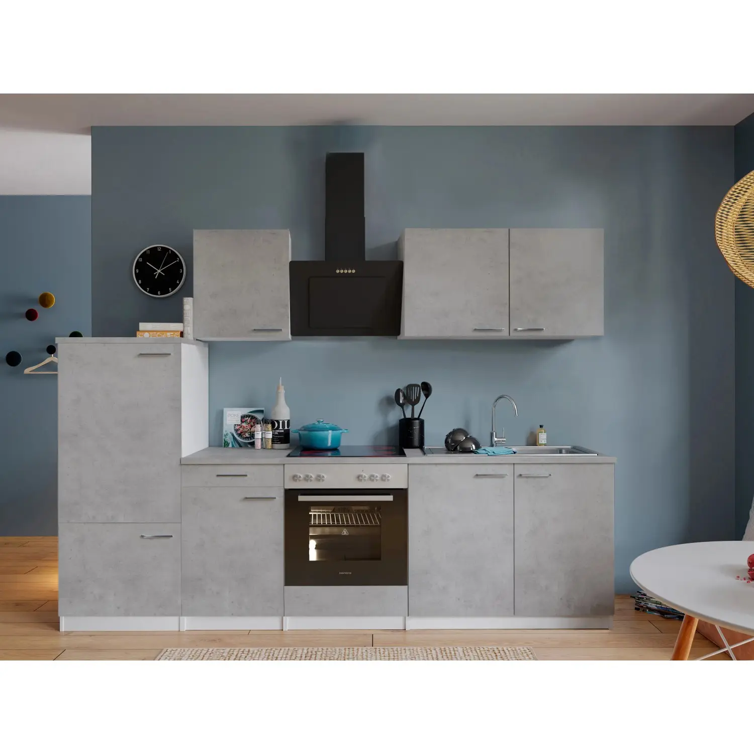 Respekta Kuchyně Malia beton/beton 270 cm - skloker.deska/šikmá digestoř/lednice