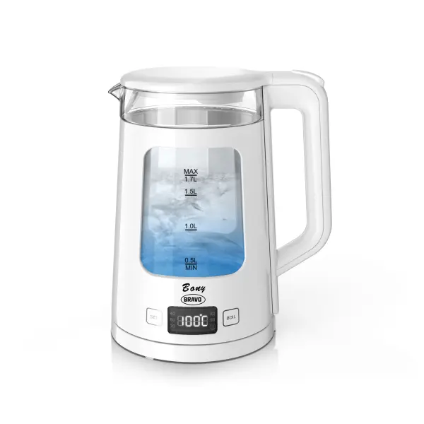 konvice var. 1,7l B-4999, BONY, dvouplášť. s regulací, sklo, bílá