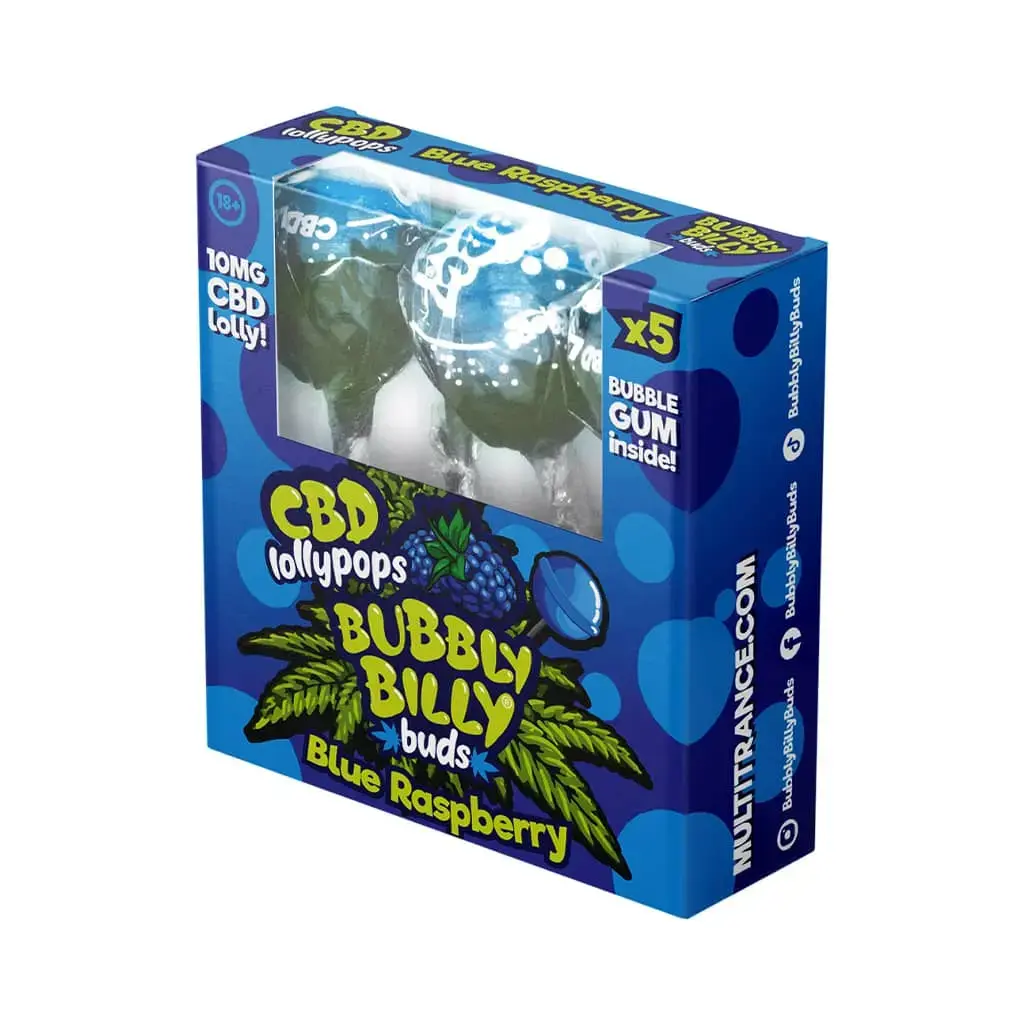 Bubbly Billy Buds CBD Lízátka Modrá Malina se žvýkačkou uvnitř - Dárková krabička (5 lízátek), 100 g