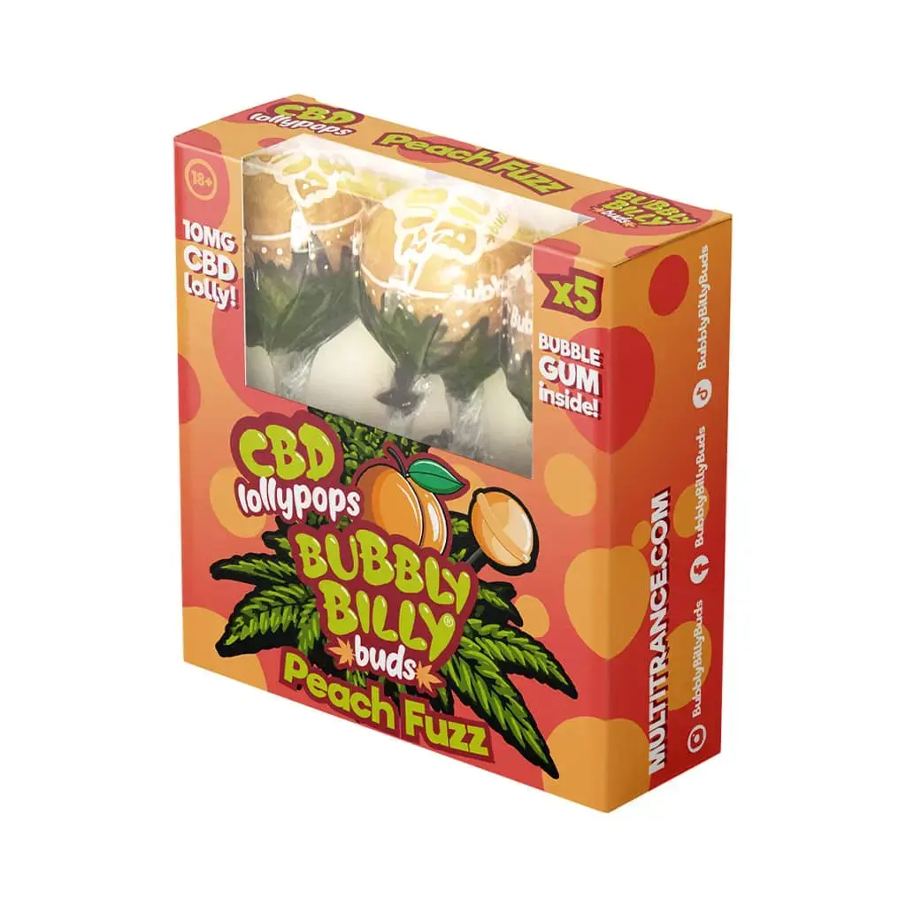 Bubbly Billy Buds CBD Lízátka Peach Fuzz se žvýkačkou uvnitř - Dárková krabička (5 lízátek), 100 g