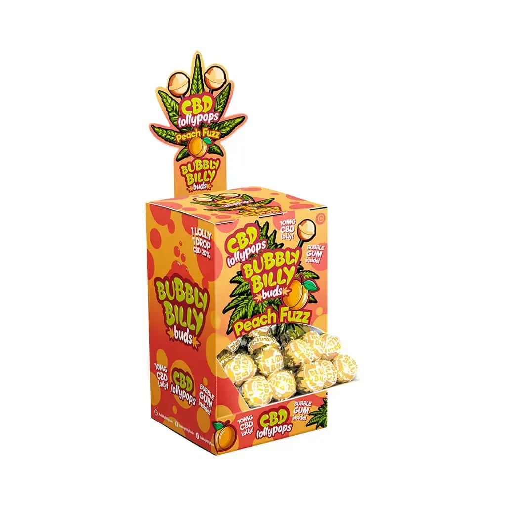 Bubbly Billy Buds 10 mg CBD Lízátka Peach Fuzz - Display Box (100 Lízátek), 2000 g