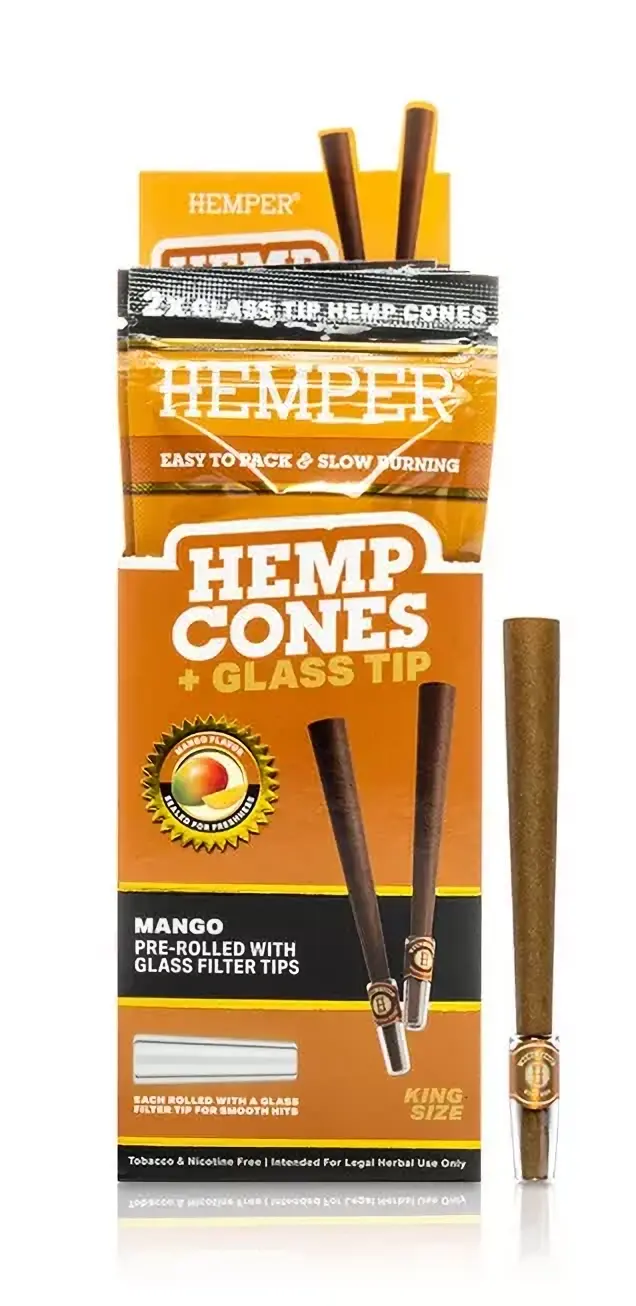 HEMPER King Size Cones + Glass Tip 2pk Mango