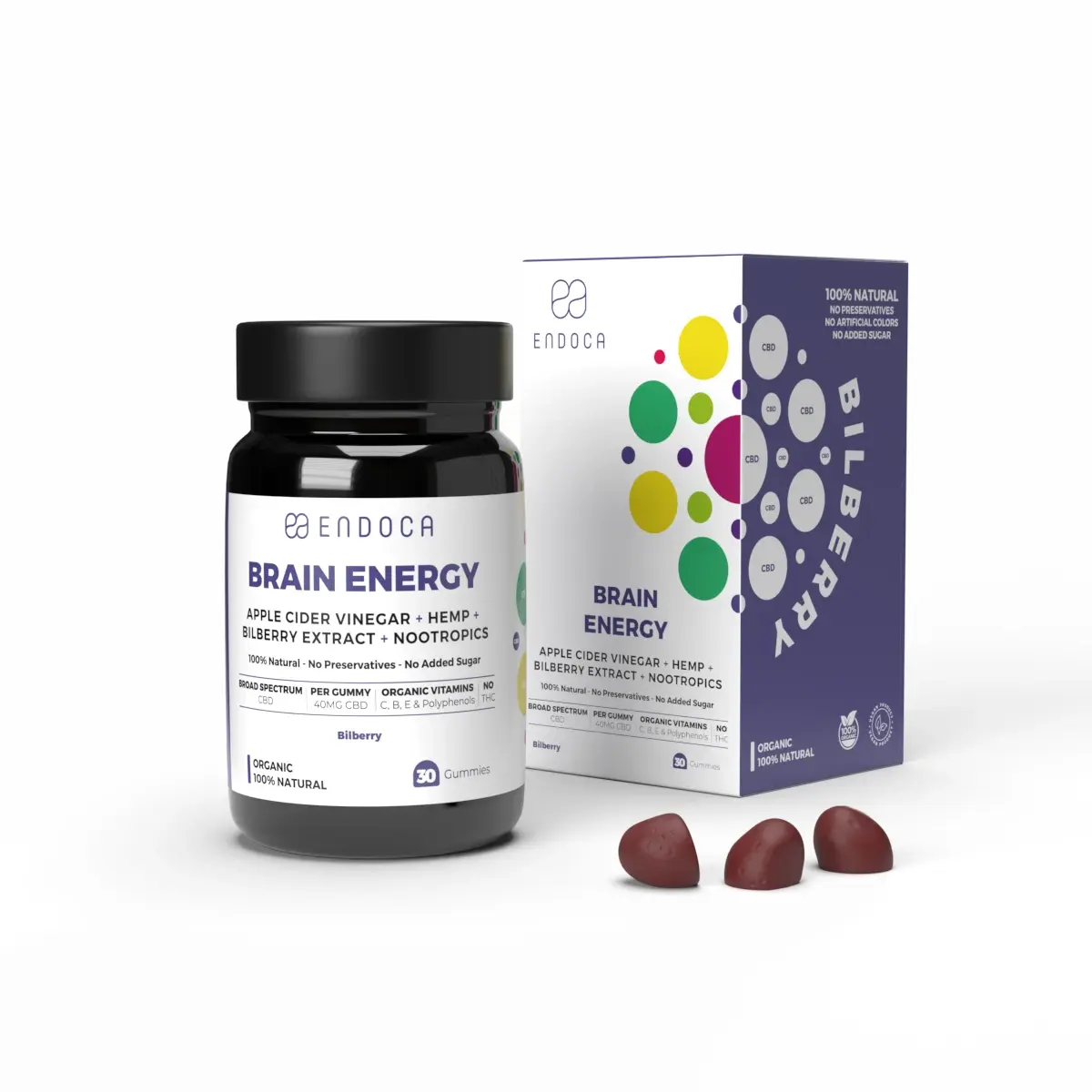 Endoca CBD Gummies Brain Energy, 40 mg CBD, Borůvková příchuť, 30 ks, 60 g