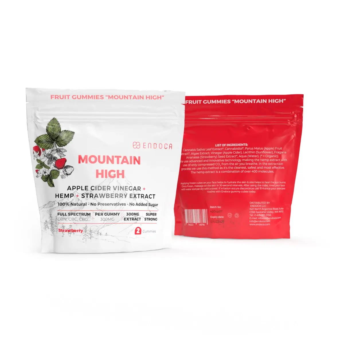 Endoca CBD Gummies Mountain High, 300 mg CBD, Jahodová příchuť, 2 ks, 4 g