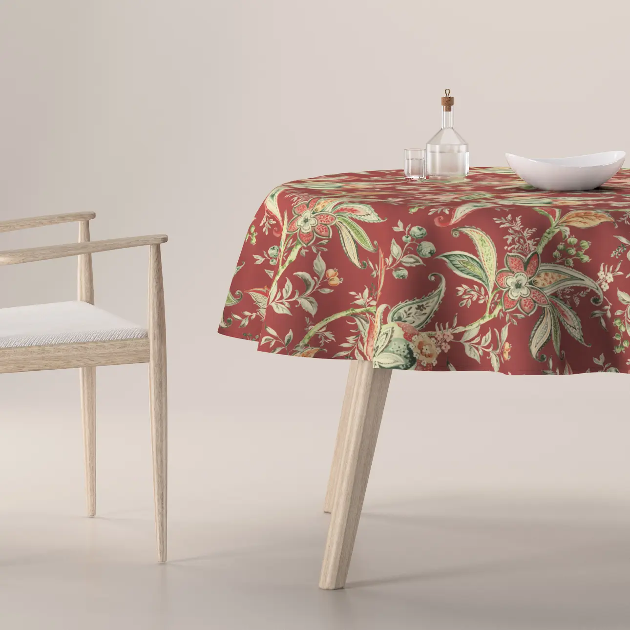 Dekoria Ubrus kulatý, rostlinné a květové vzory na cihlově červeném podkladu, Gardenia, 142-12