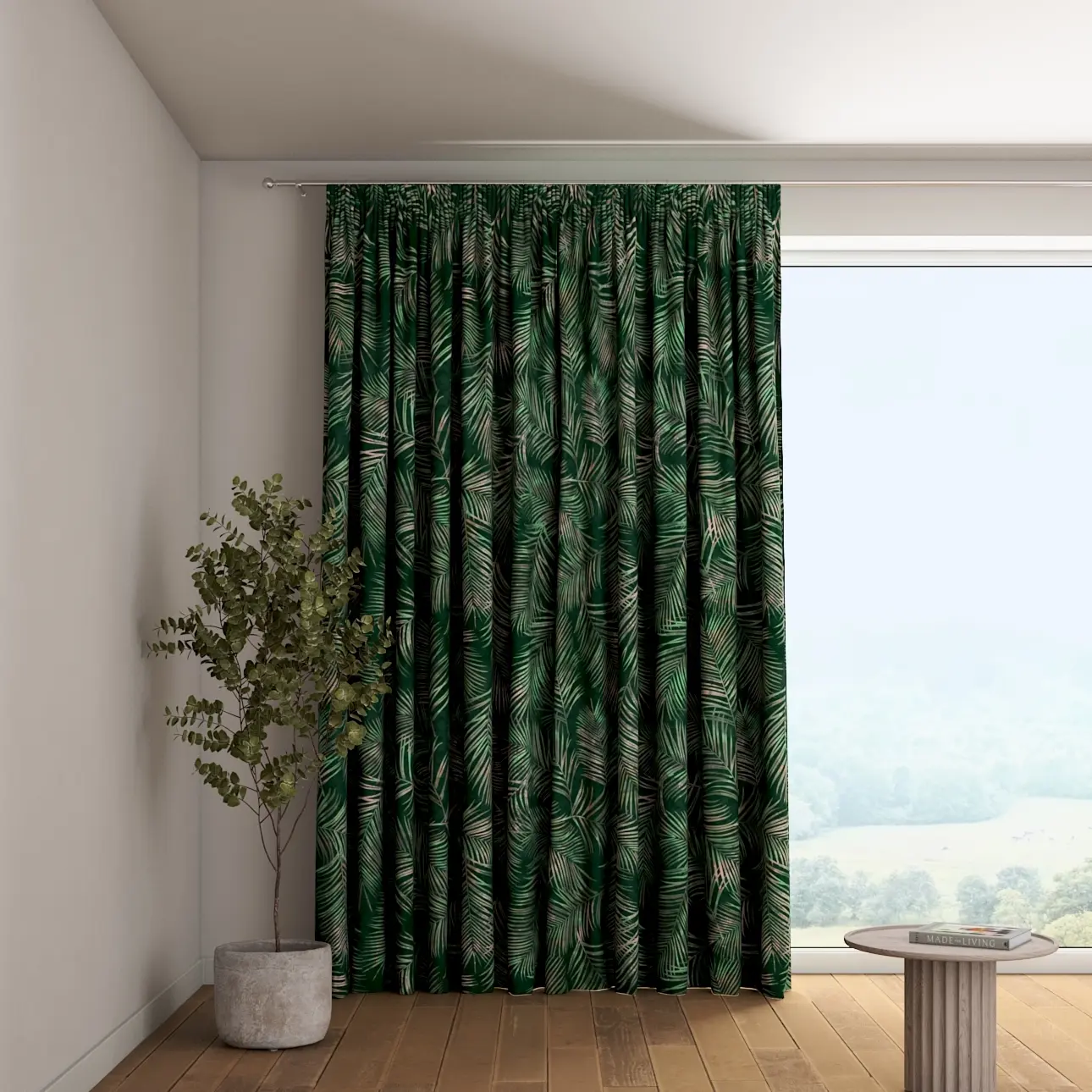 Dekoria Závěs s řasící páskou, stylizované palmové listy na zeleném podkladu, Velvet, 704-21