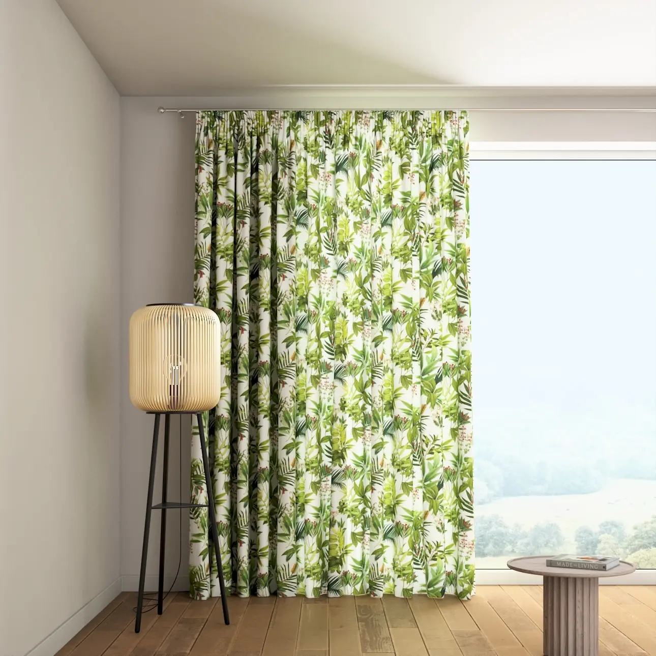 Dekoria Závěs s řasící páskou, zeleno-červená vegetace na bílém podkladu, Flowers, 143-69