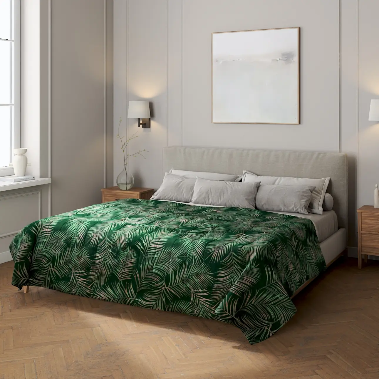 Dekoria Přehoz s podélným prošitím, stylizované palmové listy na zeleném podkladu, Velvet, 704-21