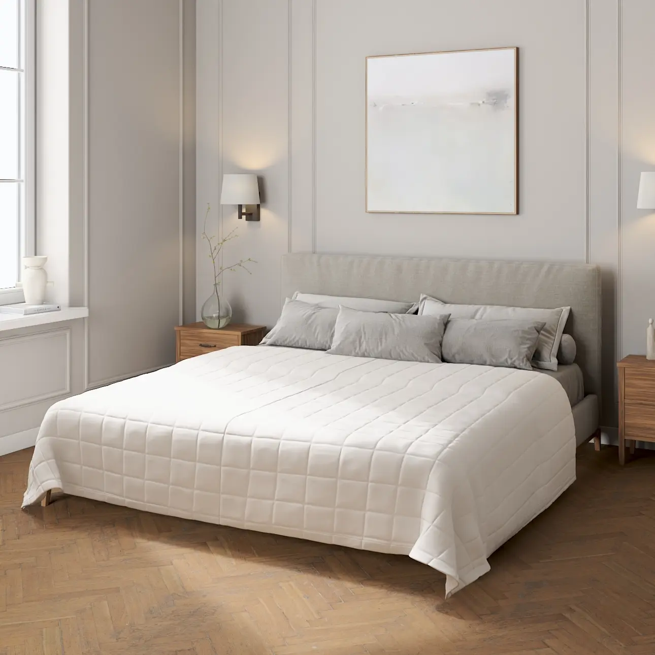 Dekoria Přehoz s prošitím do čtverců, bílá, Linen, 392-04