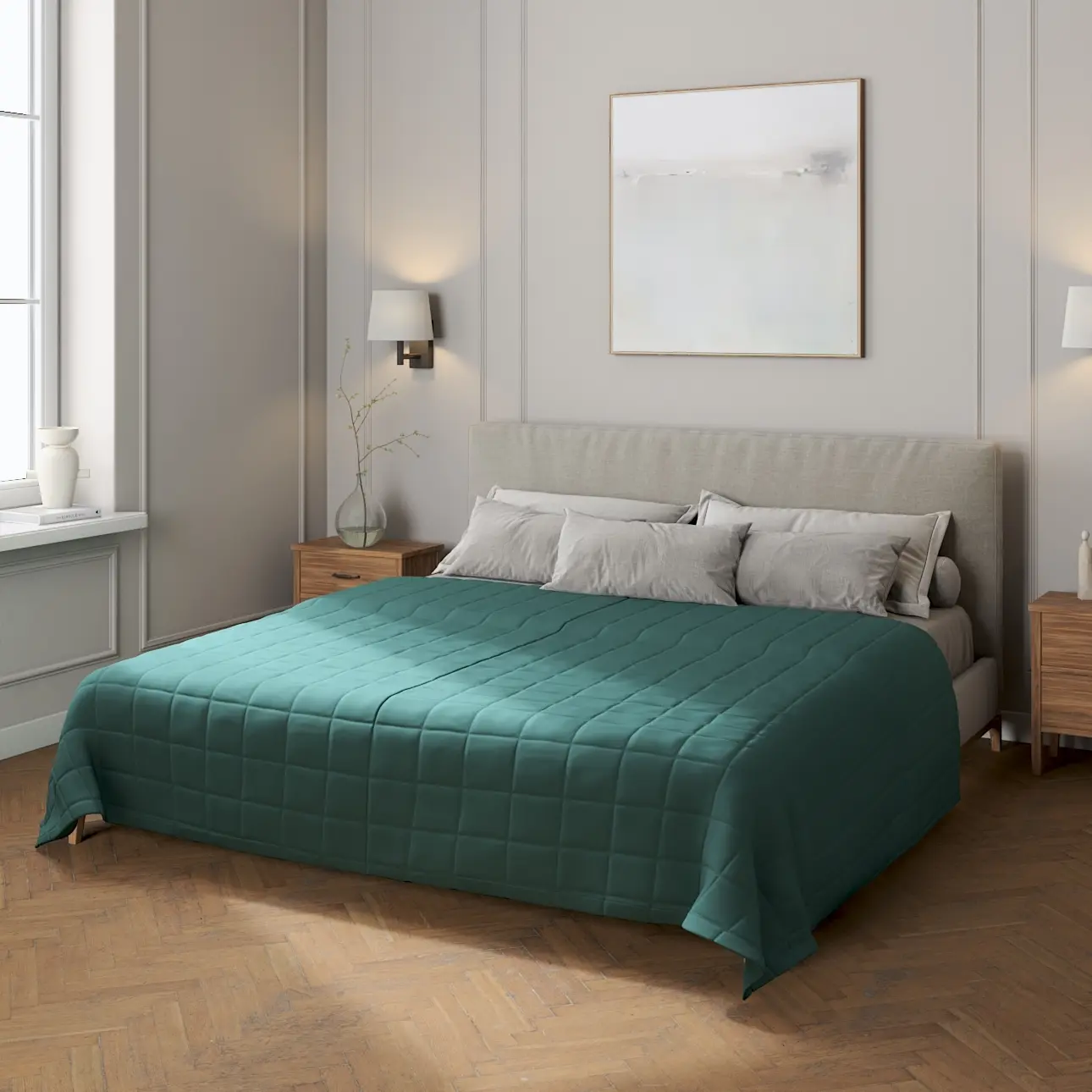 Dekoria Přehoz s prošitím do čtverců, tlumená smaragdová, Linen, 159-09