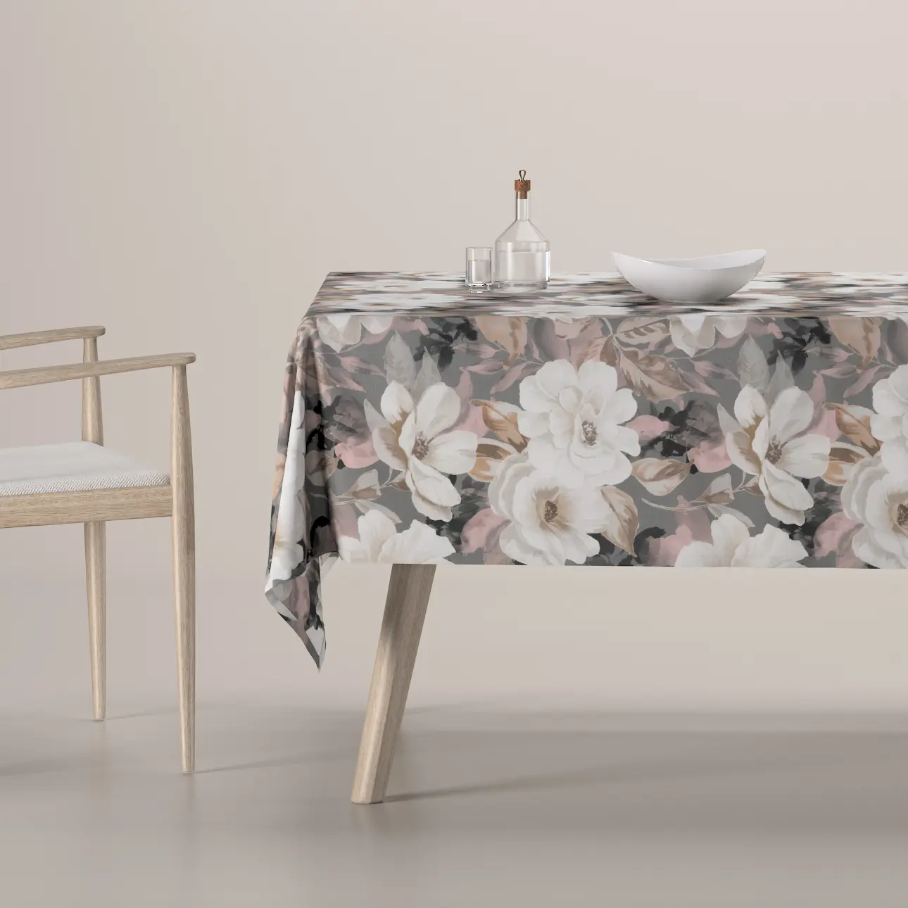 Dekoria Ubrus obdélníkový, krémové a růžové květy na šedém podkladu, Gardenia, 142-13