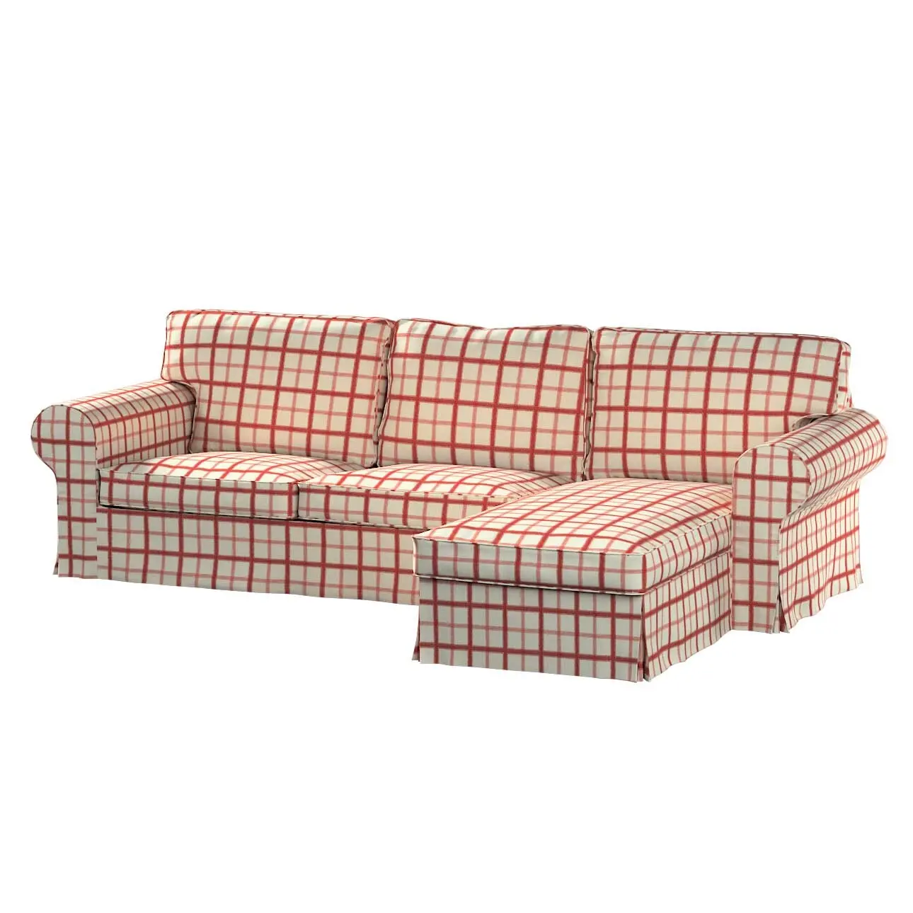 Dekoria Potah na pohovku IKEA Ektorp 2-místná s lenoškou, režný podklad,červená mřížka, pohovka 2-míst. + šezlong, Avinon, 131-15