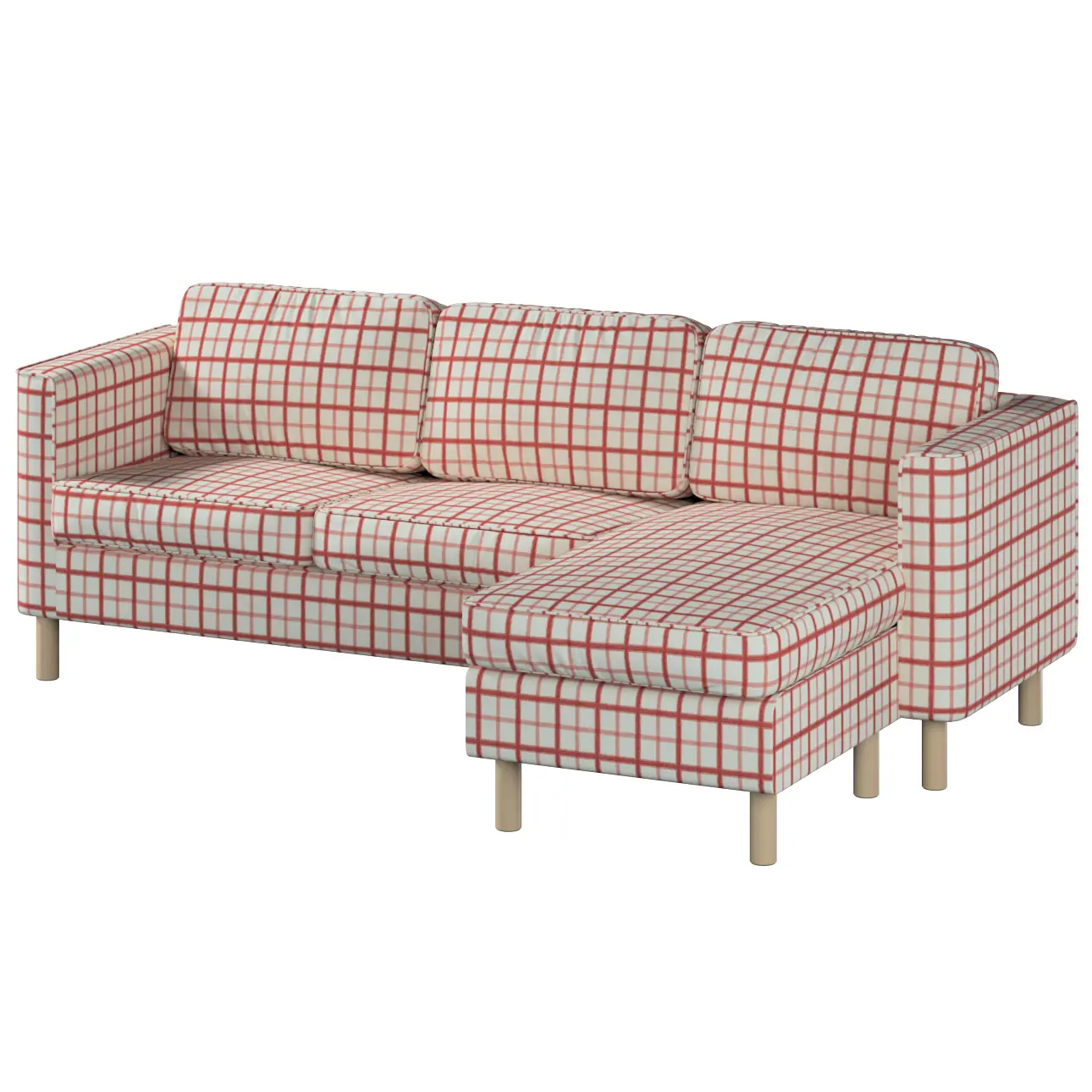 Dekoria Potah na pohovku Pärup pro 3 místa s lehátkem, režný podklad,červená mřížka, 235x148x86, Avinon, 131-15